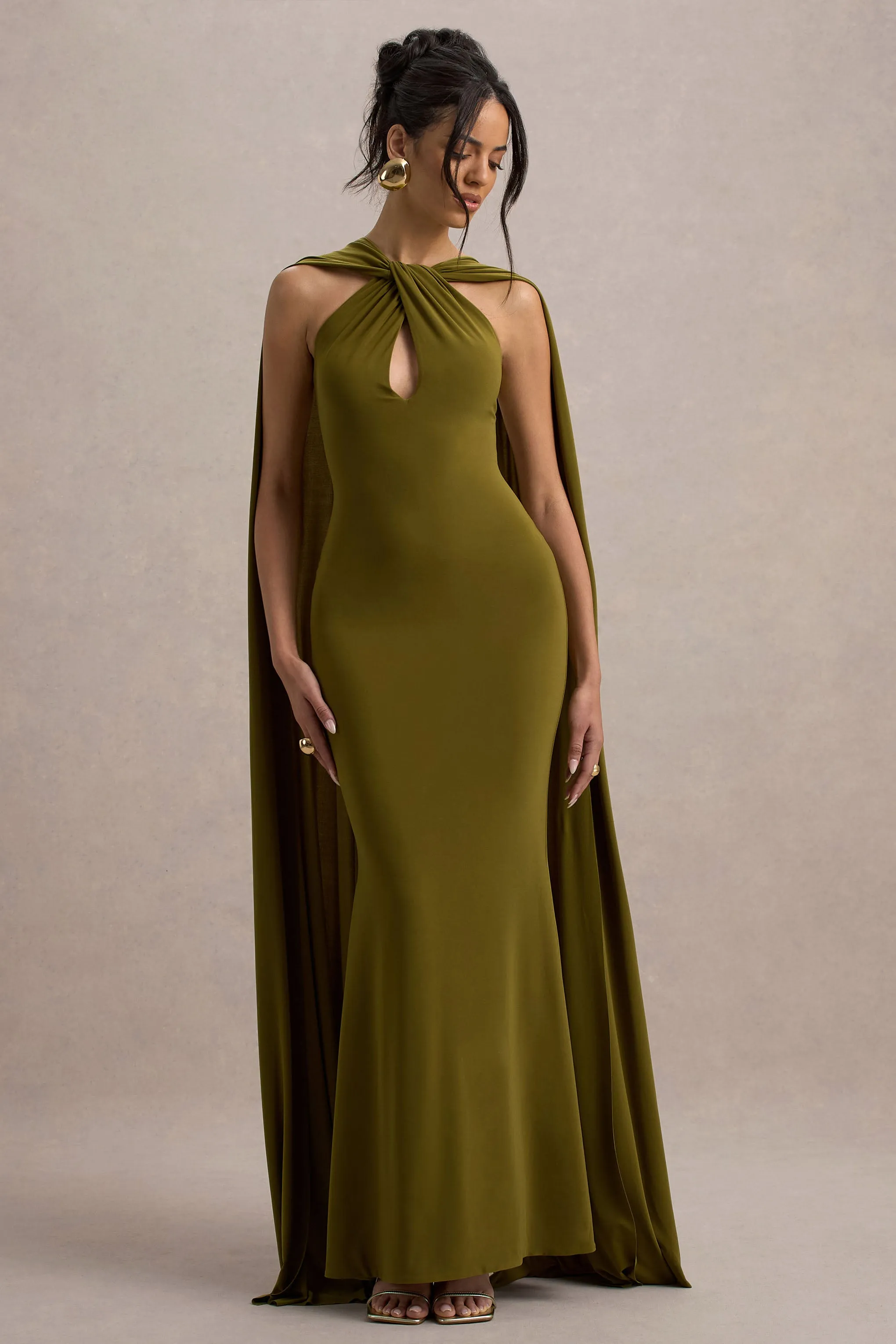 Rhoda | Green Twist Halter-Neck Cape Maxi Dress Club L London