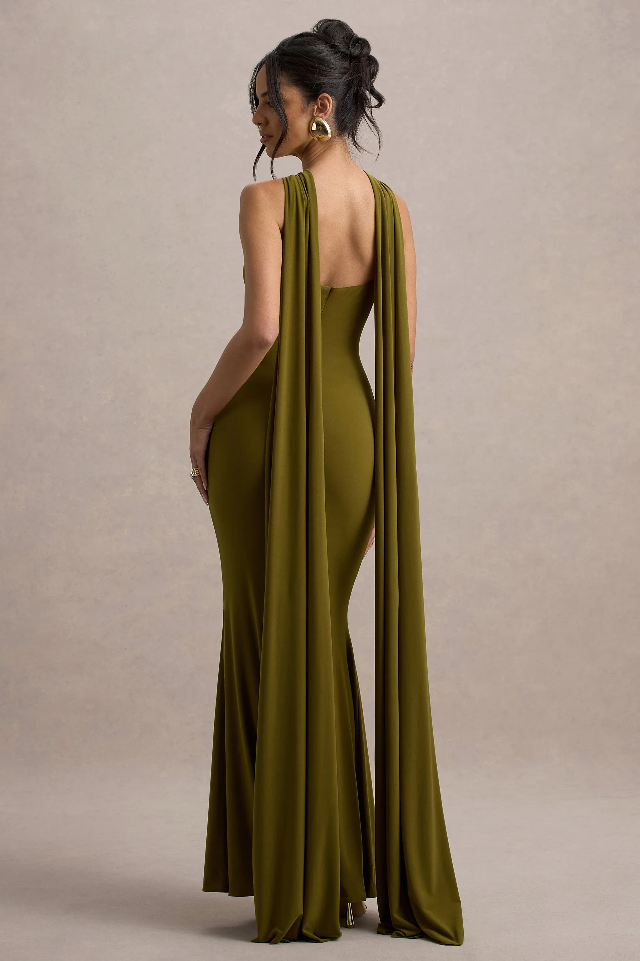 Rhoda | Green Twist Halter-Neck Cape Maxi Dress Club L London