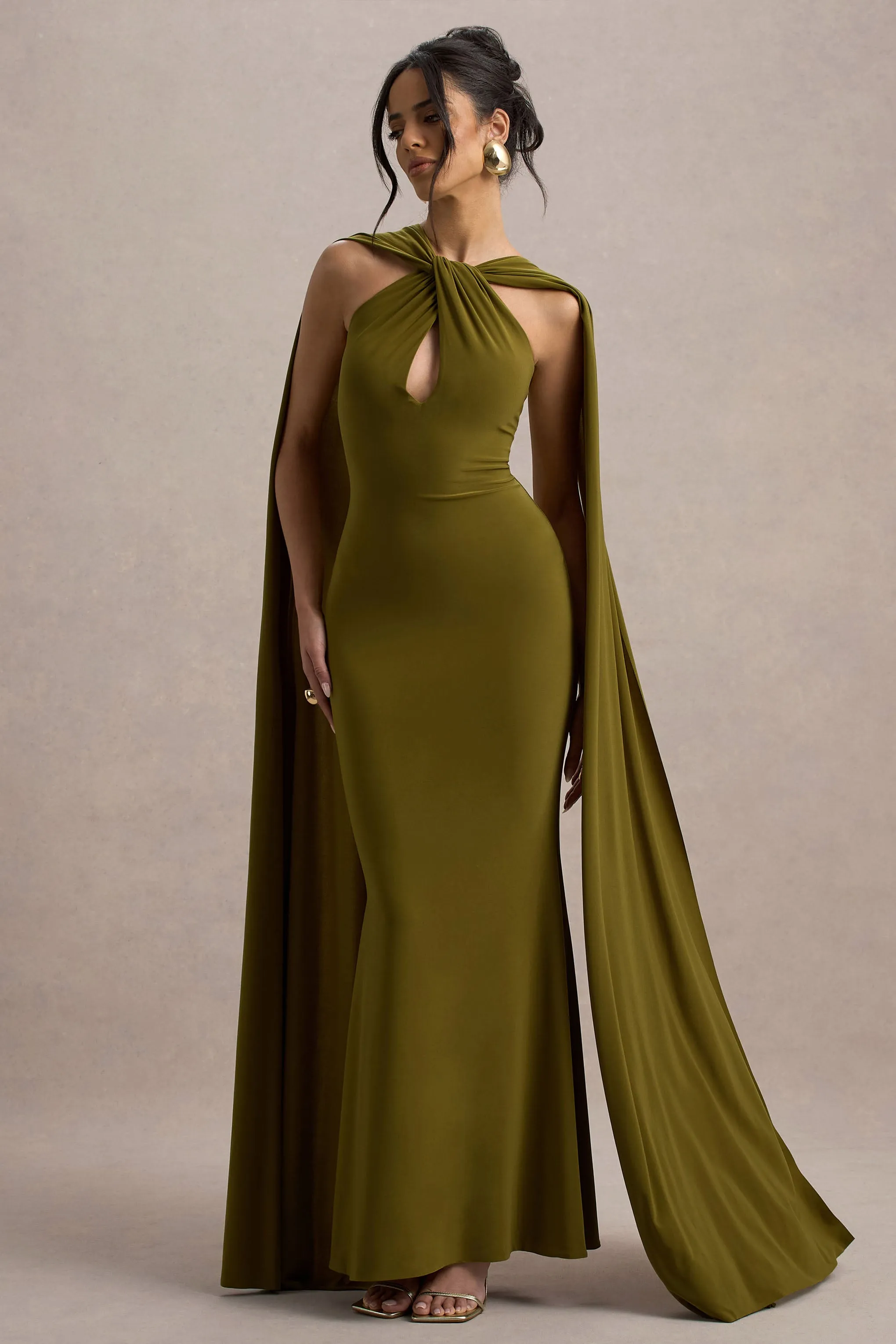 Rhoda | Green Twist Halter-Neck Cape Maxi Dress Club L London