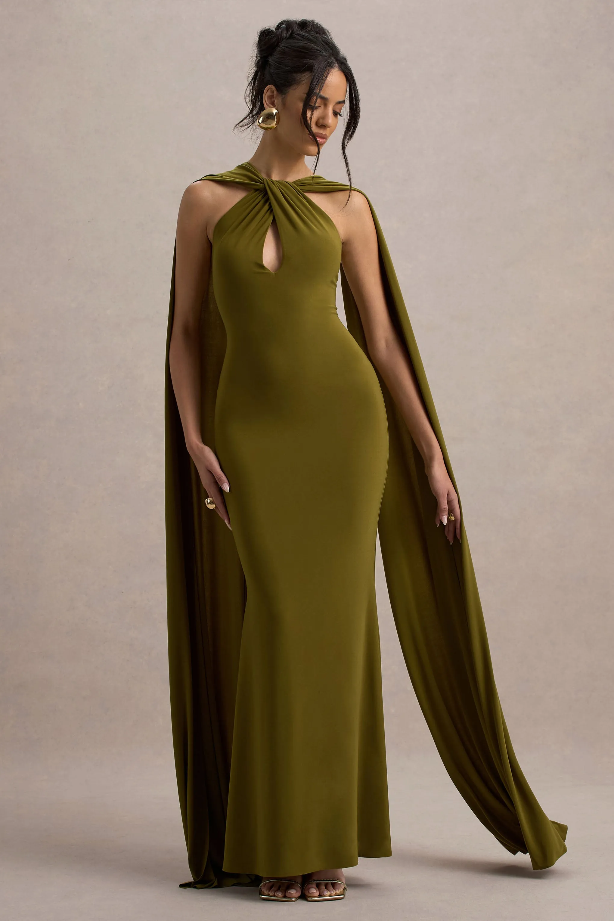 Rhoda | Green Twist Halter-Neck Cape Maxi Dress Club L London