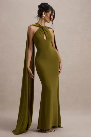 Rhoda | Green Twist Halter-Neck Cape Maxi Dress Club L London