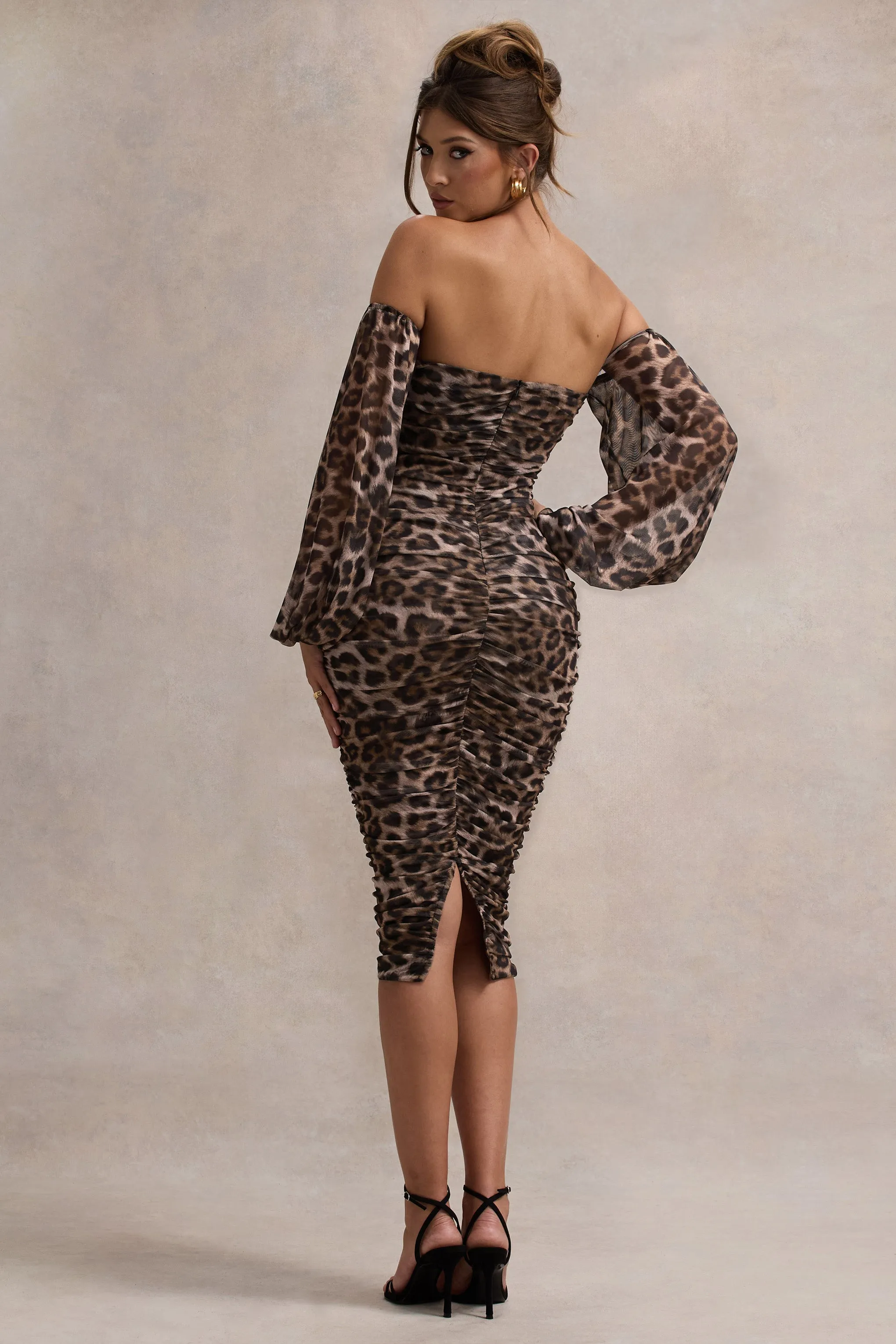 Rica | Leopard Print Bardot Puff-Sleeve Midi Dress Club L London