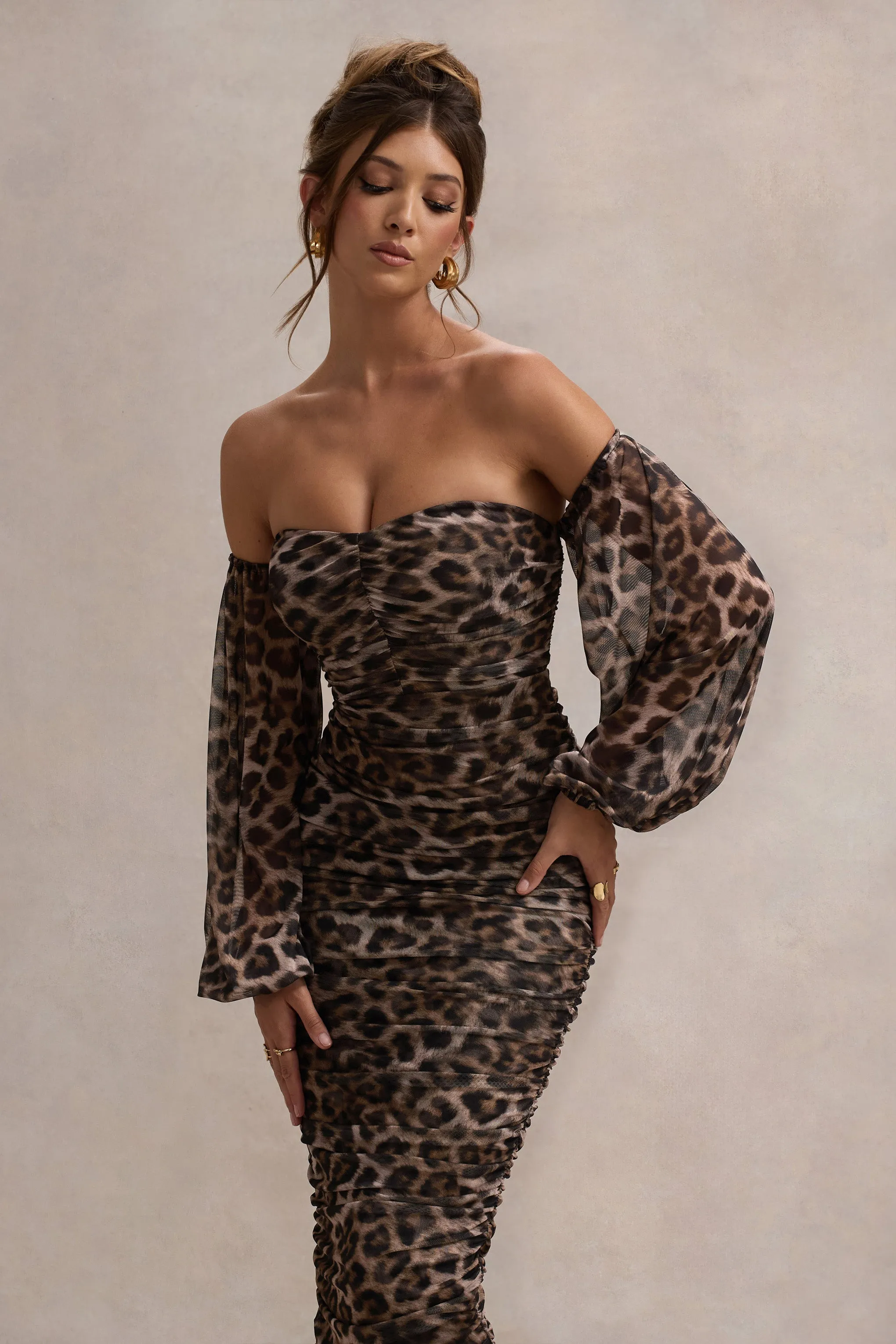 Rica | Leopard Print Bardot Puff-Sleeve Midi Dress Club L London