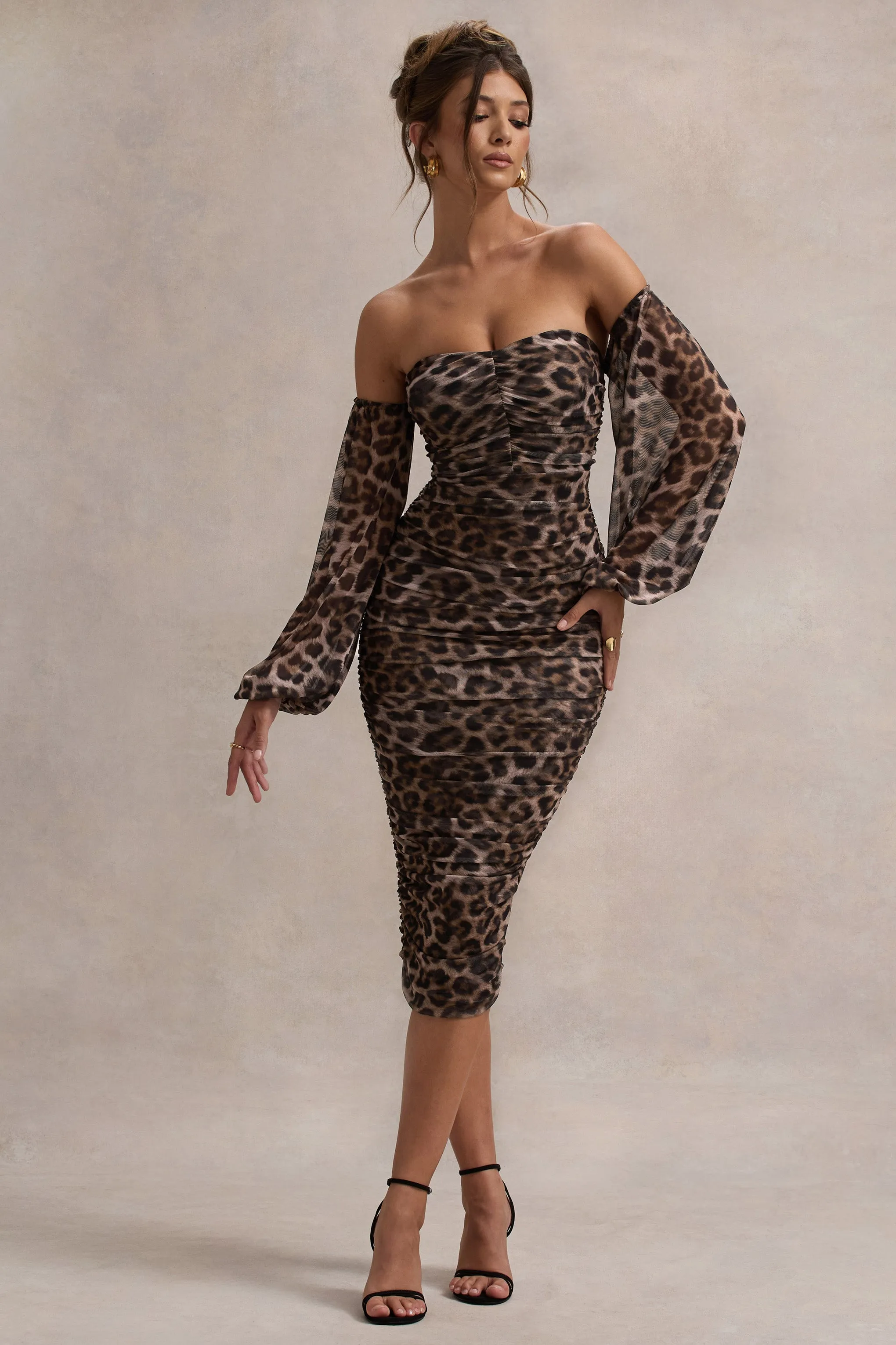 Rica | Leopard Print Bardot Puff-Sleeve Midi Dress Club L London