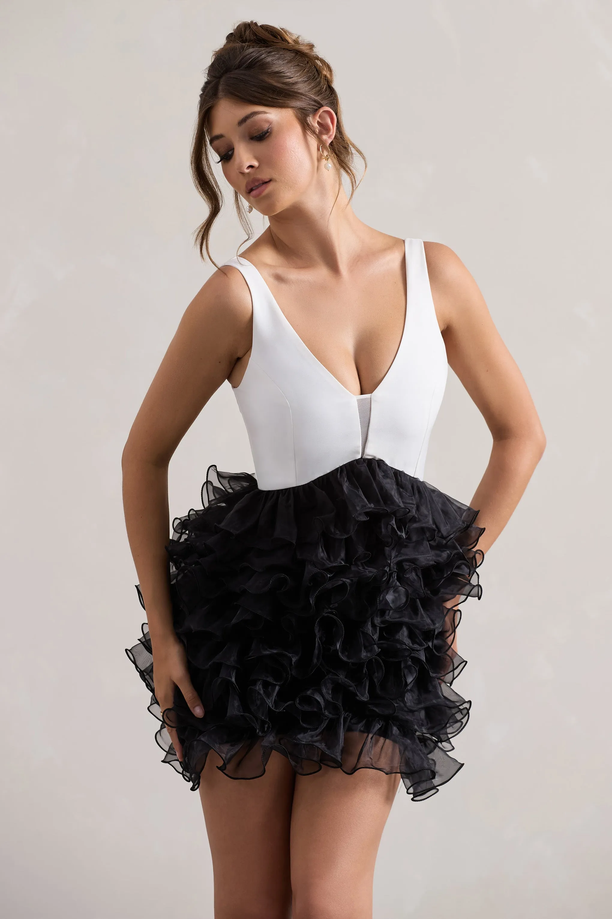 Riot | Black & White Plunge-Neck Mini Dress With Organza Skirt Club L London