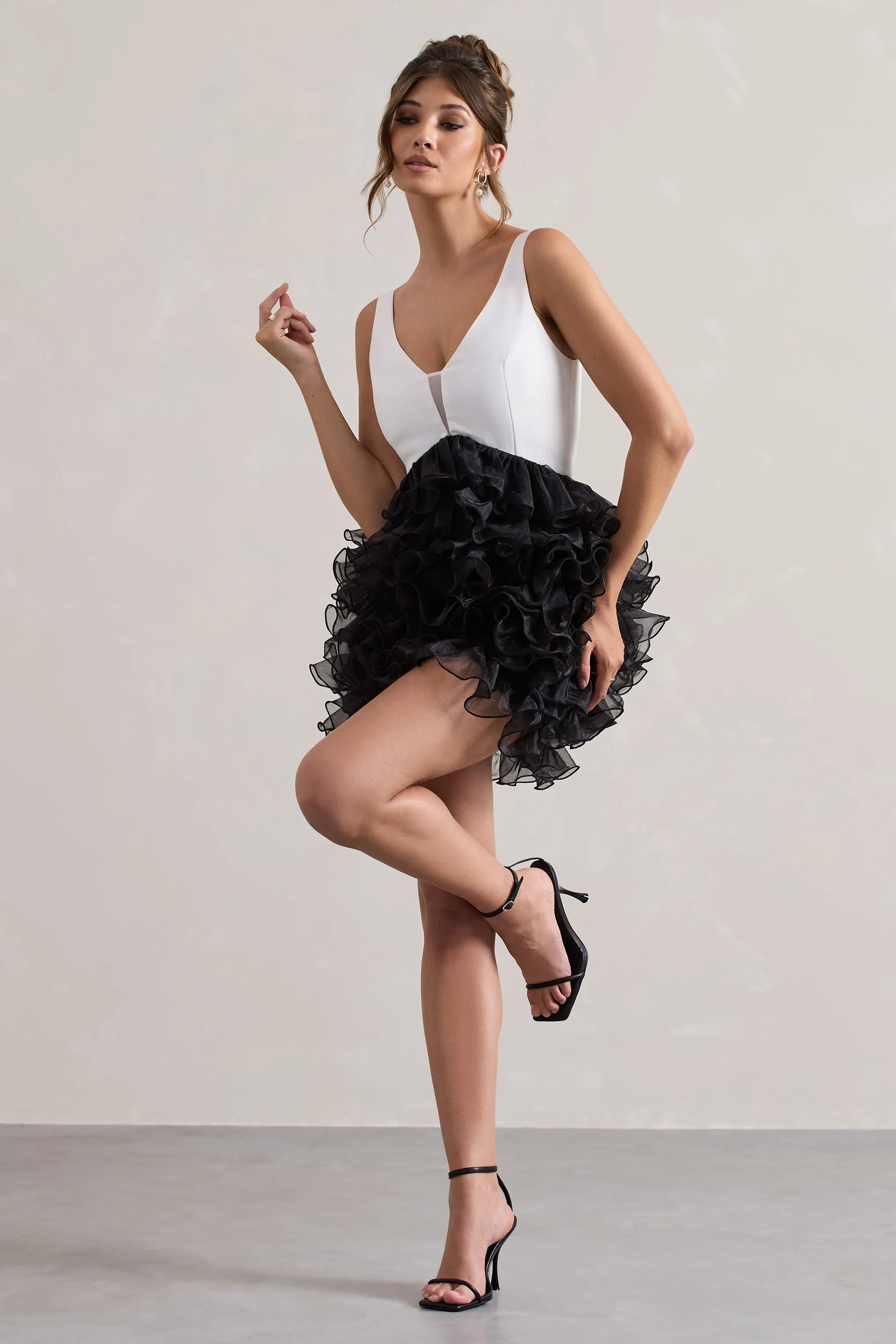 Riot | Black & White Plunge-Neck Mini Dress With Organza Skirt Club L London