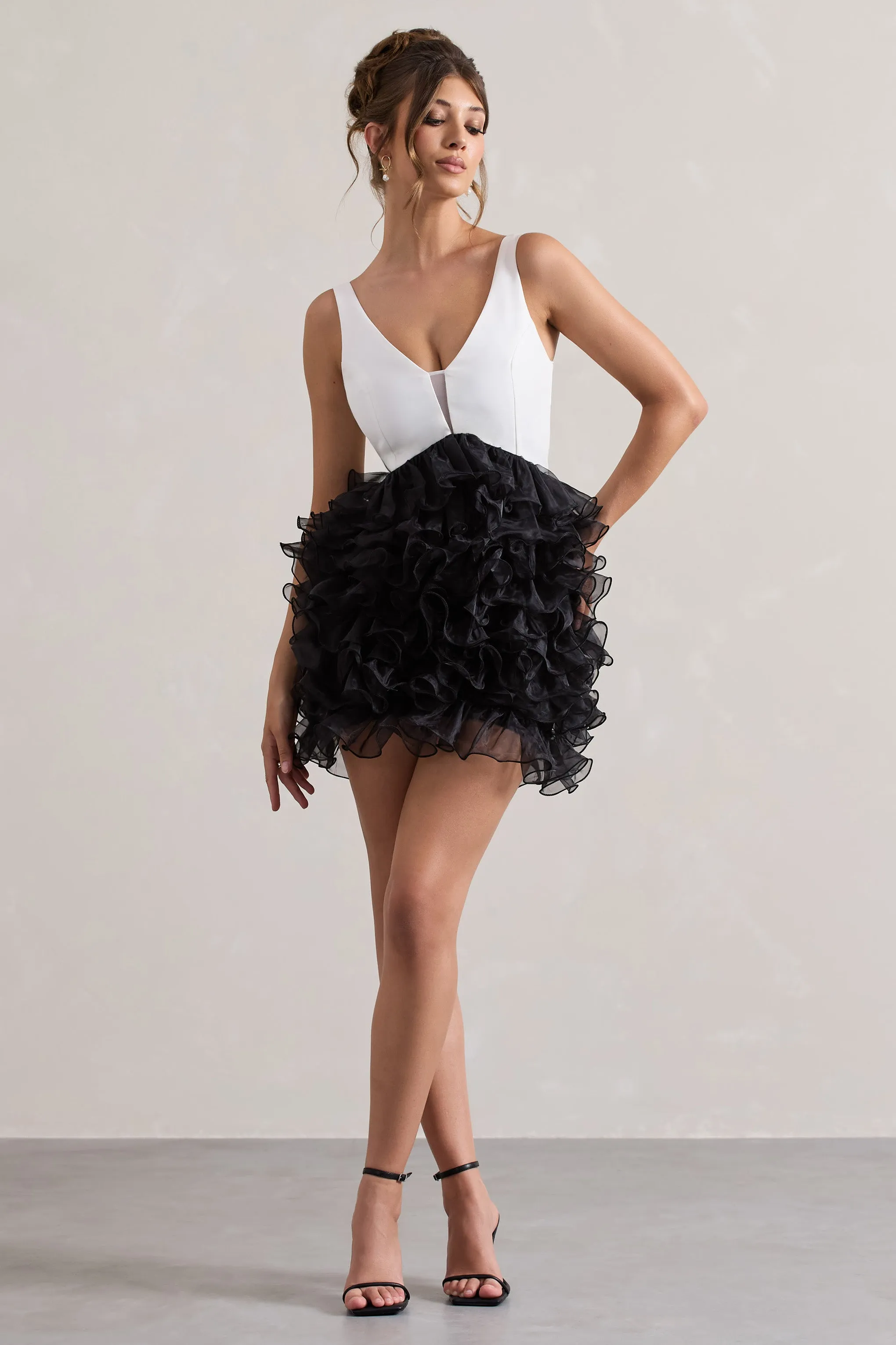 Riot | Black & White Plunge-Neck Mini Dress With Organza Skirt Club L London