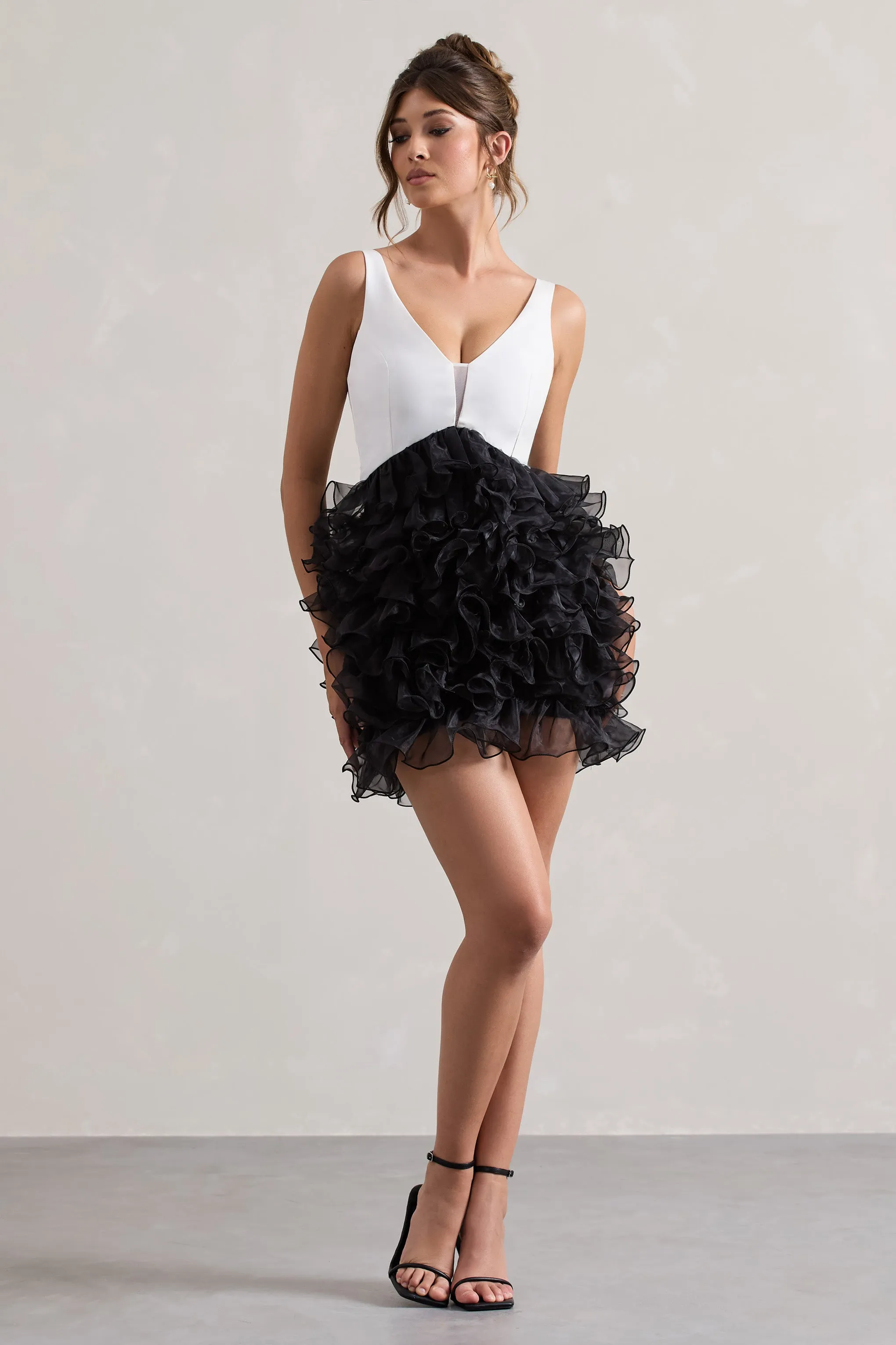 Riot | Black & White Plunge-Neck Mini Dress With Organza Skirt Club L London