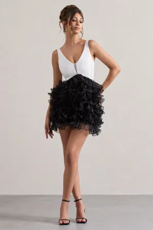 Riot | Black & White Plunge-Neck Mini Dress With Organza Skirt Club L London