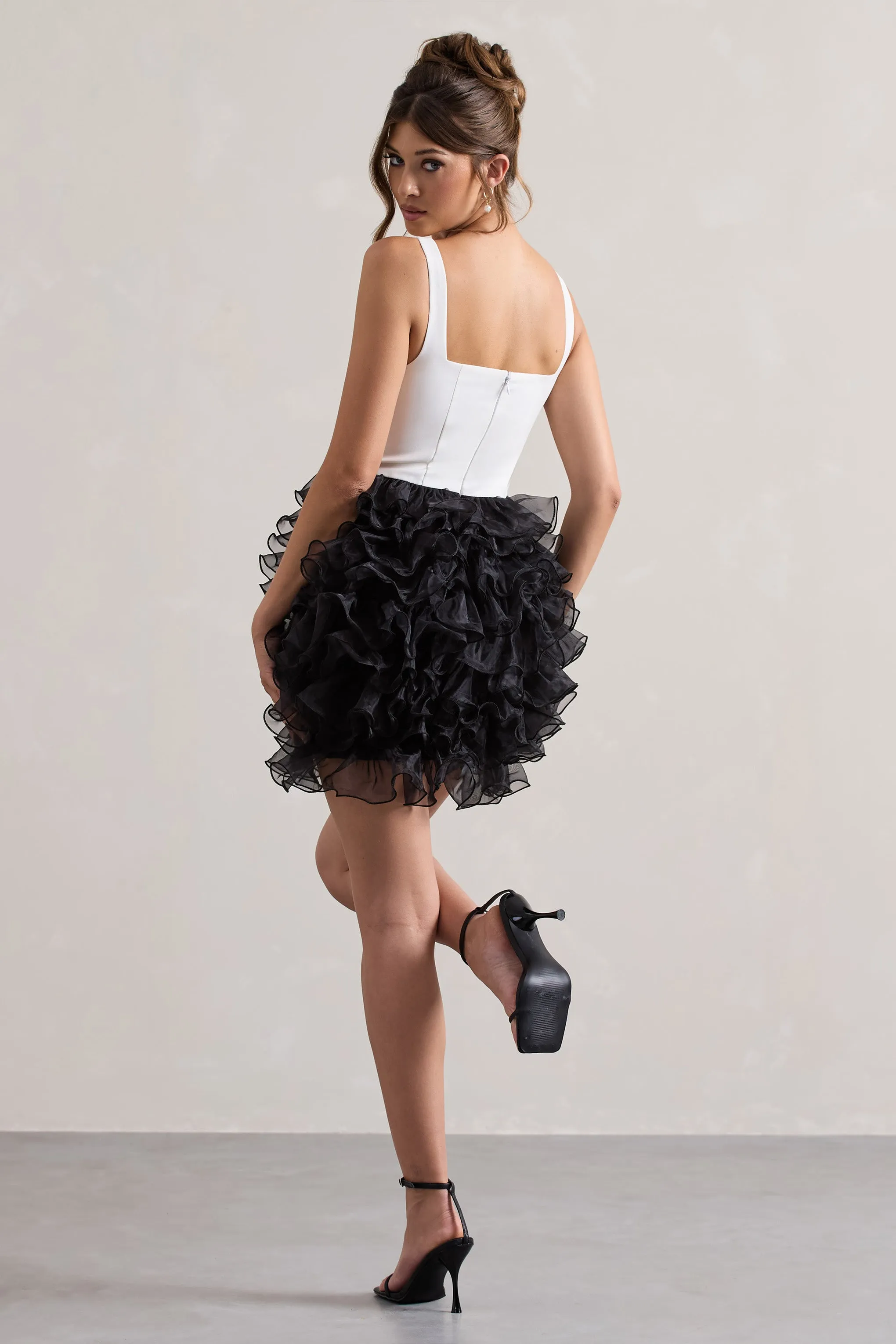 Riot | Black & White Plunge-Neck Mini Dress With Organza Skirt Club L London