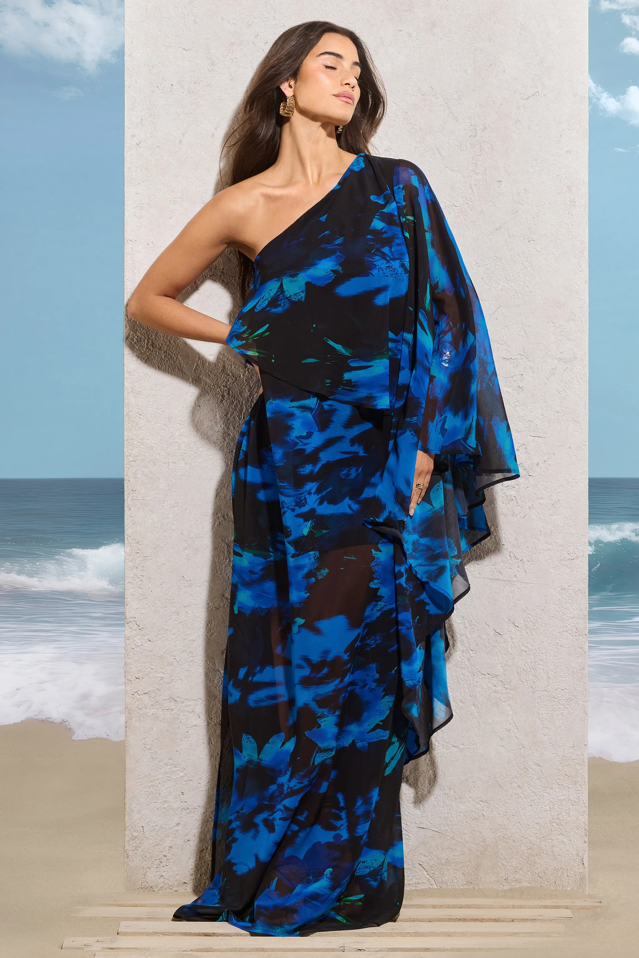 Ripple | Navy Floral Print Chiffon Oversized Asymmetric Maxi Dress Club L London