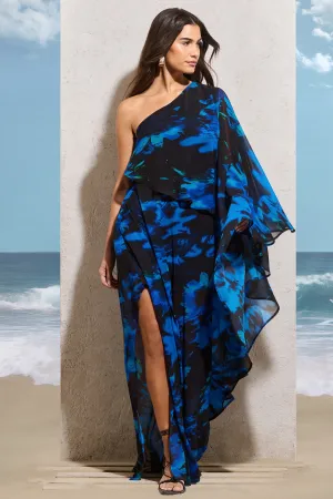 Ripple | Navy Floral Print Chiffon Oversized Asymmetric Maxi Dress Club L London