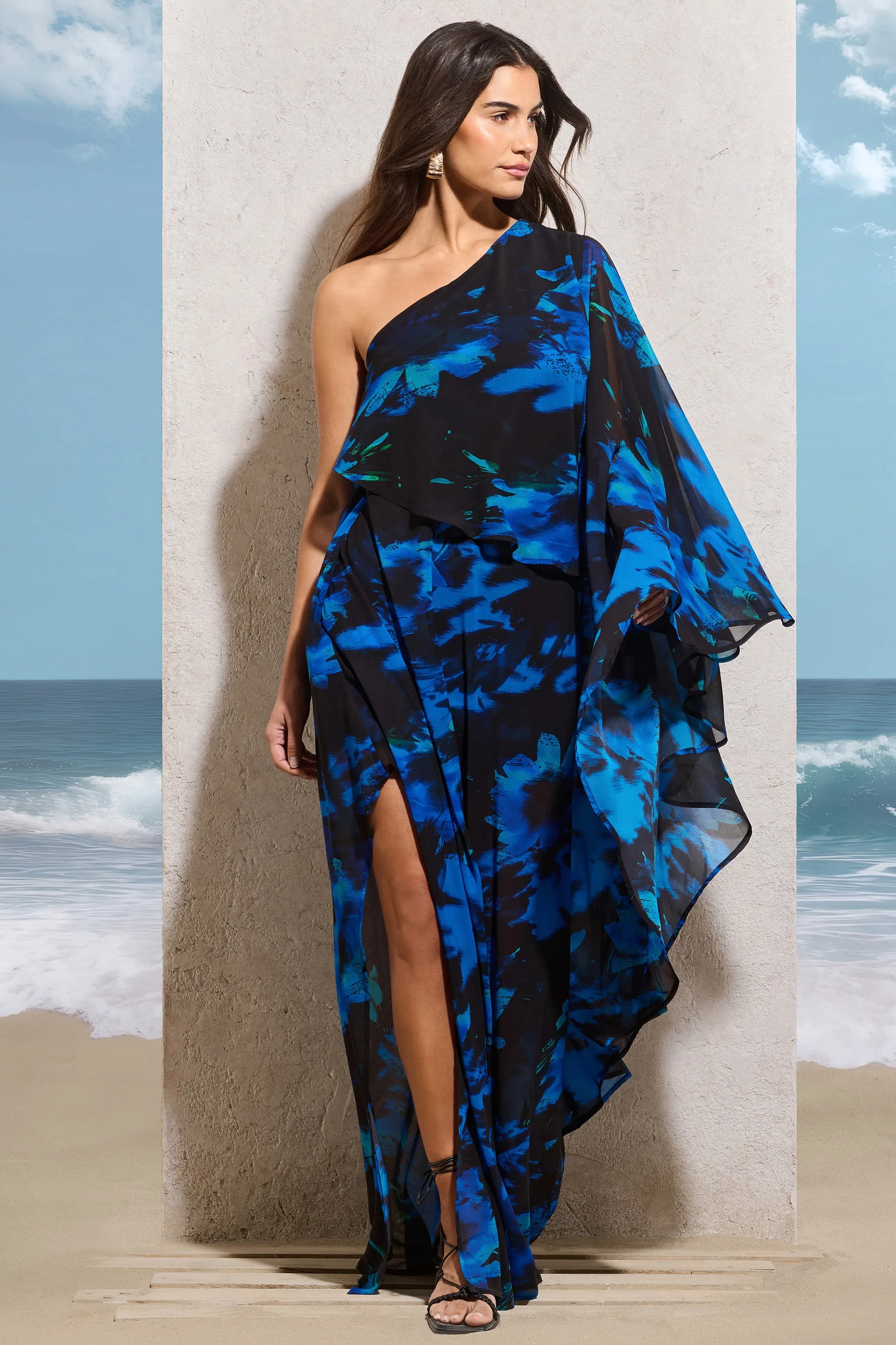 Ripple | Navy Floral Print Chiffon Oversized Asymmetric Maxi Dress Club L London