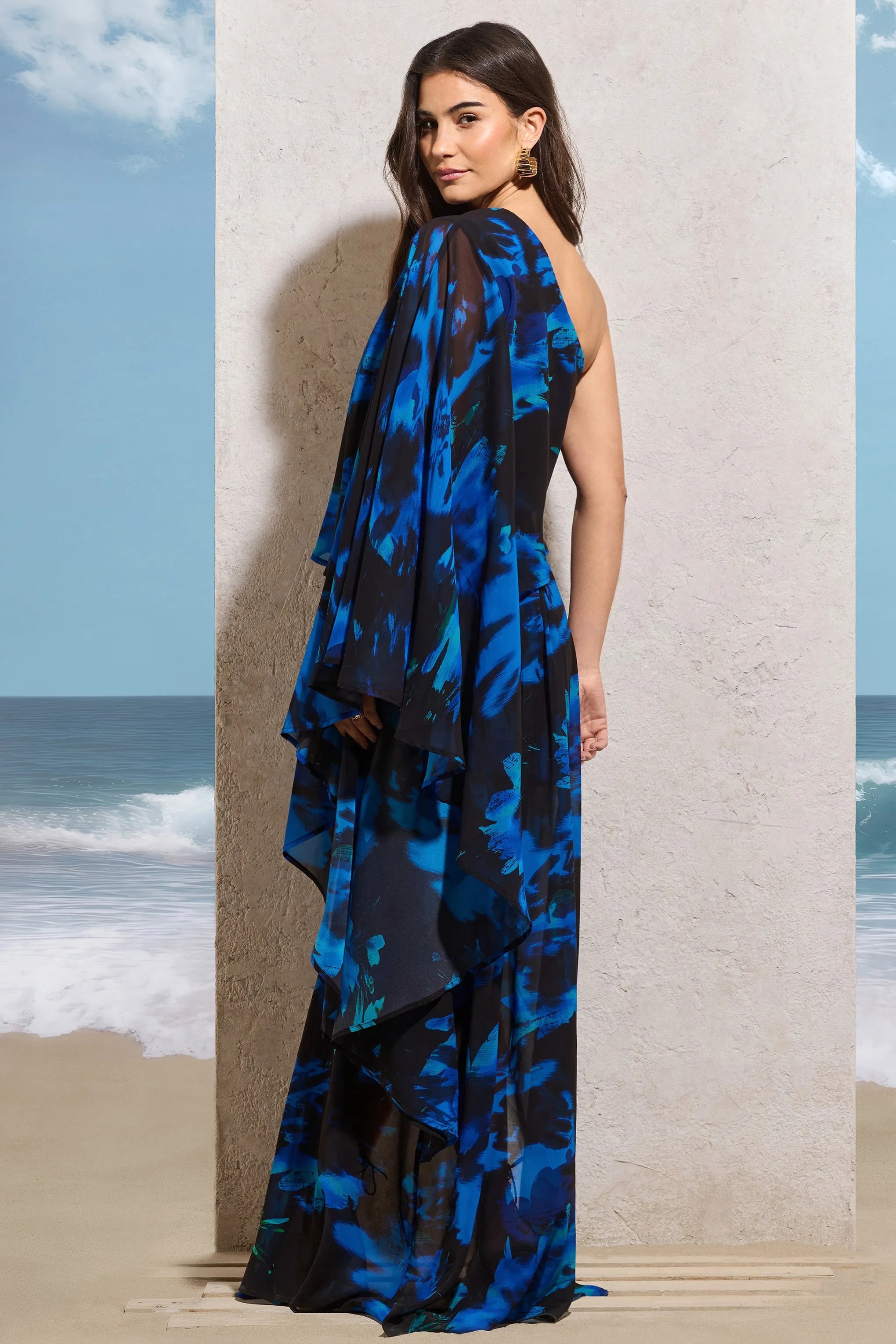 Ripple | Navy Floral Print Chiffon Oversized Asymmetric Maxi Dress Club L London