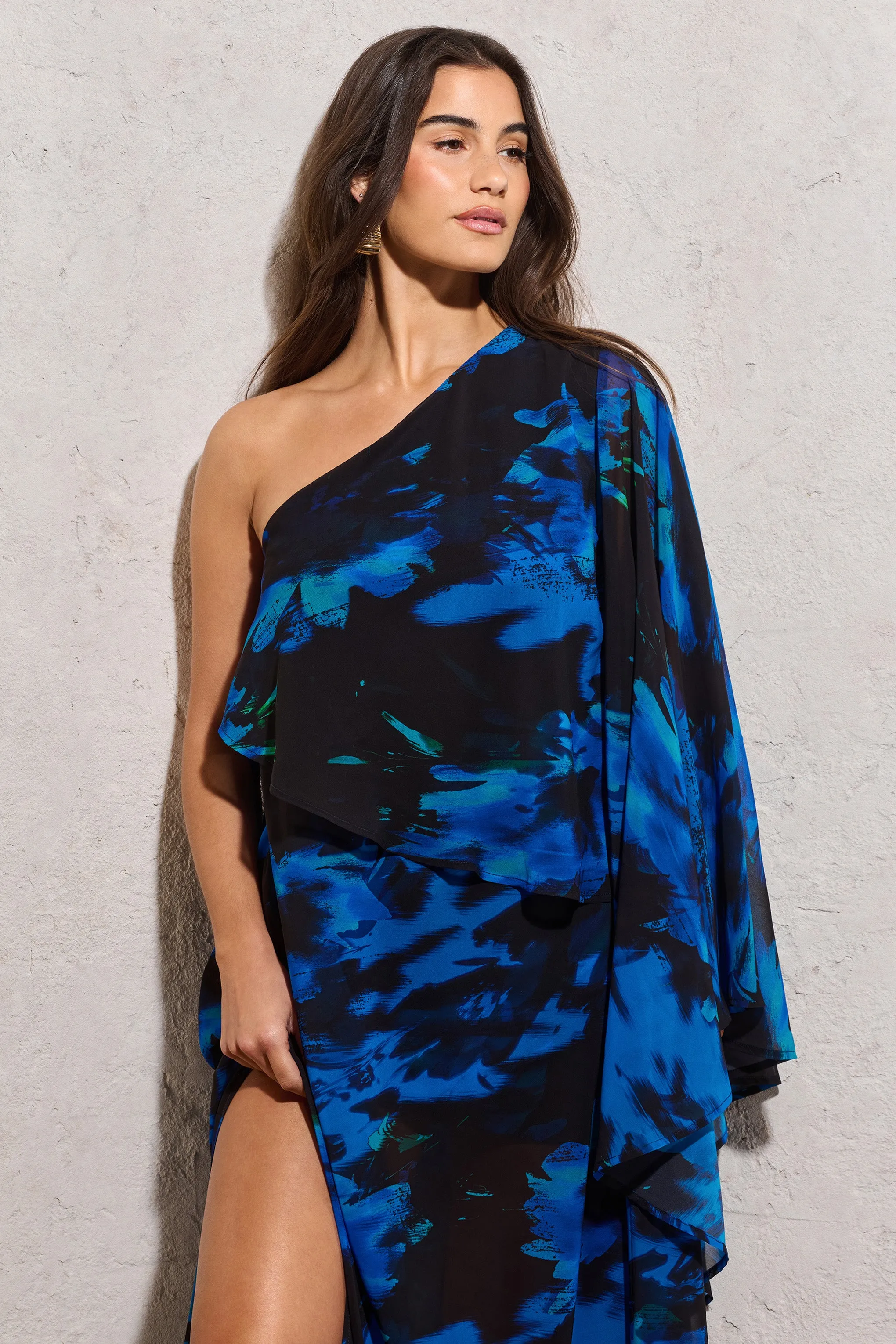 Ripple | Navy Floral Print Chiffon Oversized Asymmetric Maxi Dress Club L London
