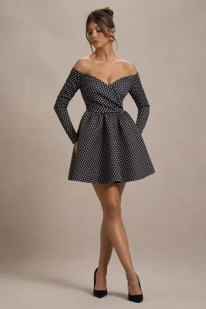 Riva | Black Polka Dot Bardot Long-Sleeve Mini Dress Club L London