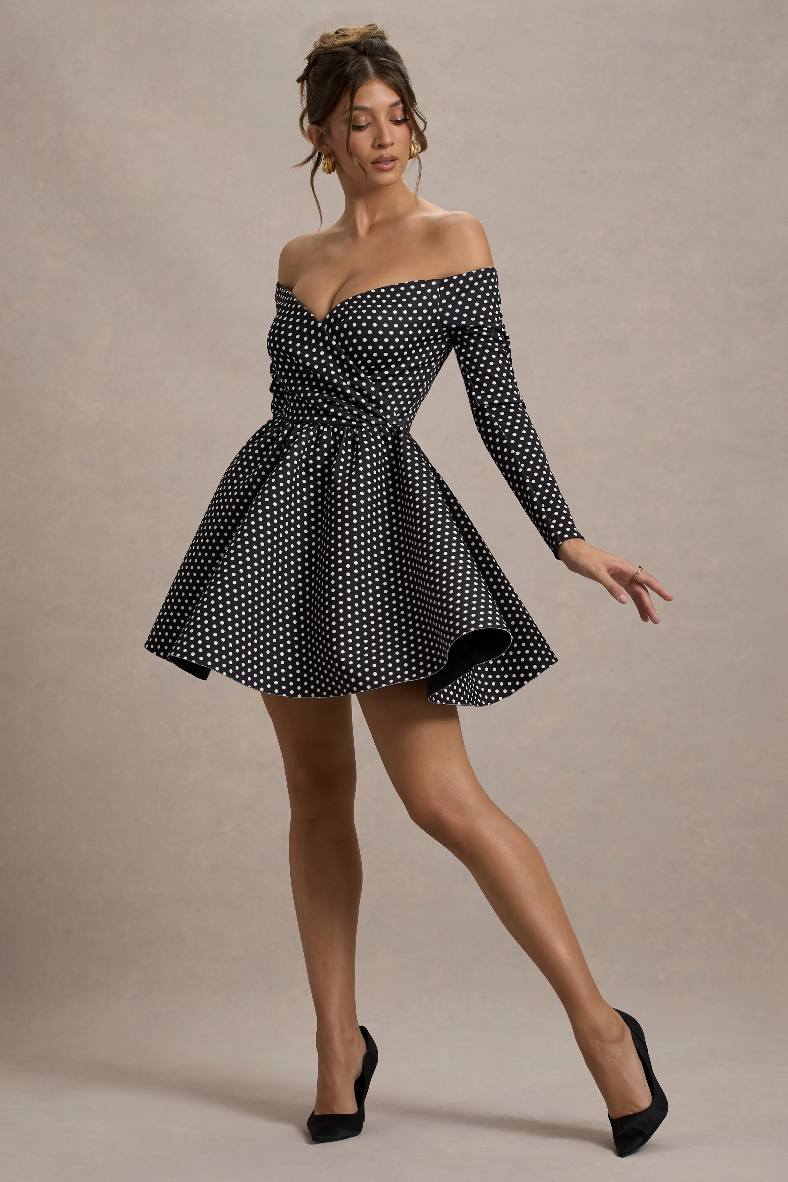Riva | Black Polka Dot Bardot Long-Sleeve Mini Dress Club L London
