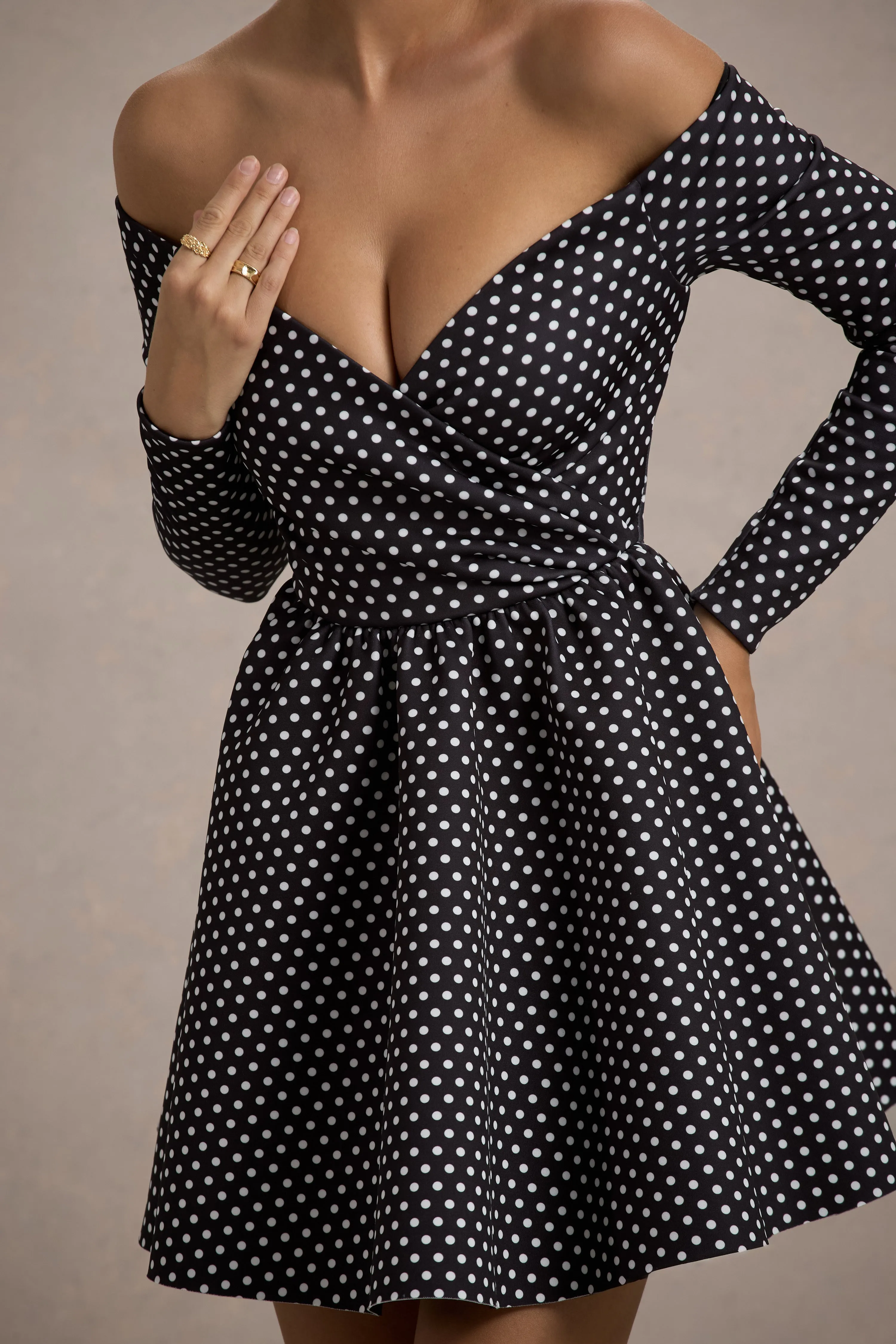 Riva | Black Polka Dot Bardot Long-Sleeve Mini Dress Club L London
