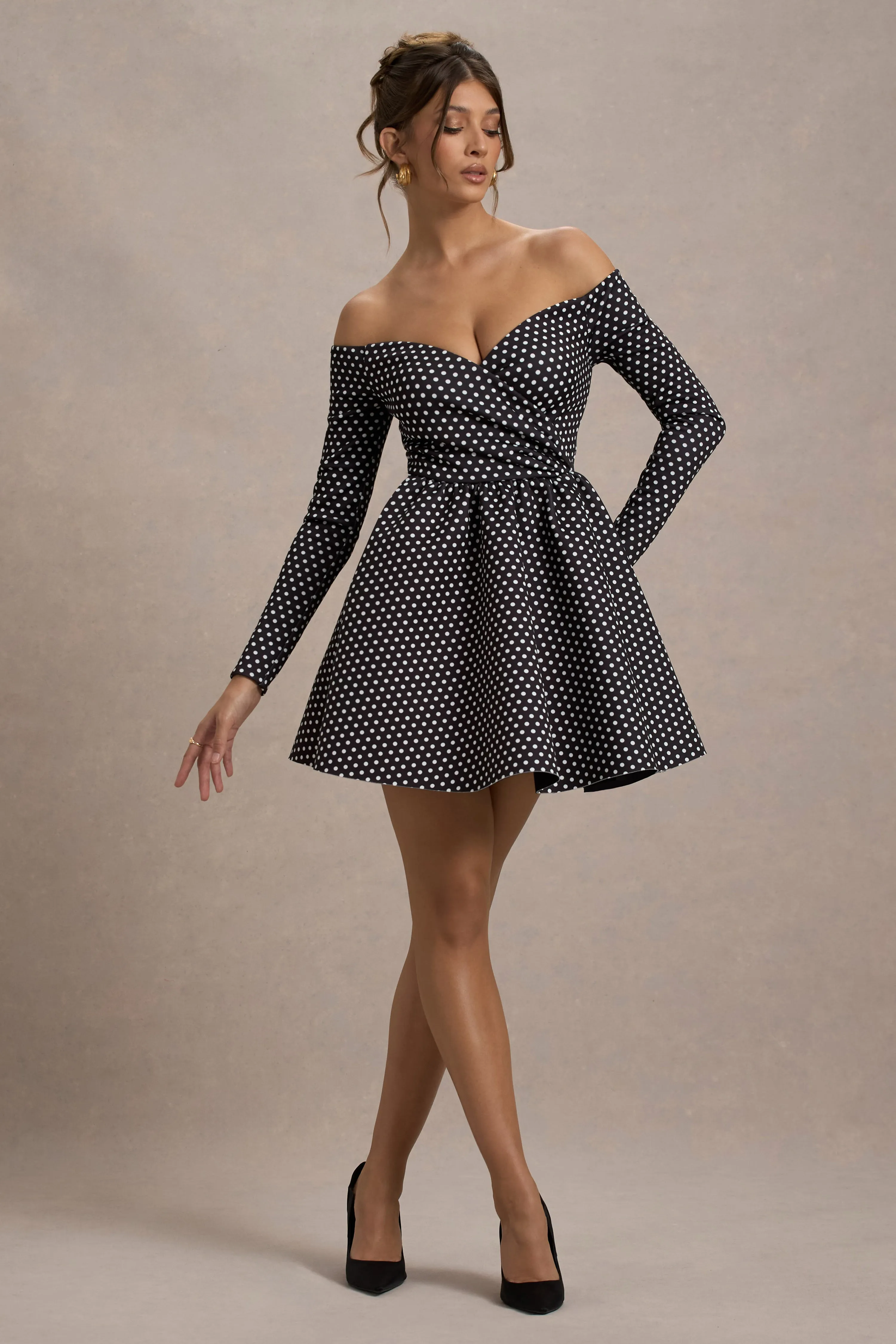 Riva | Black Polka Dot Bardot Long-Sleeve Mini Dress Club L London