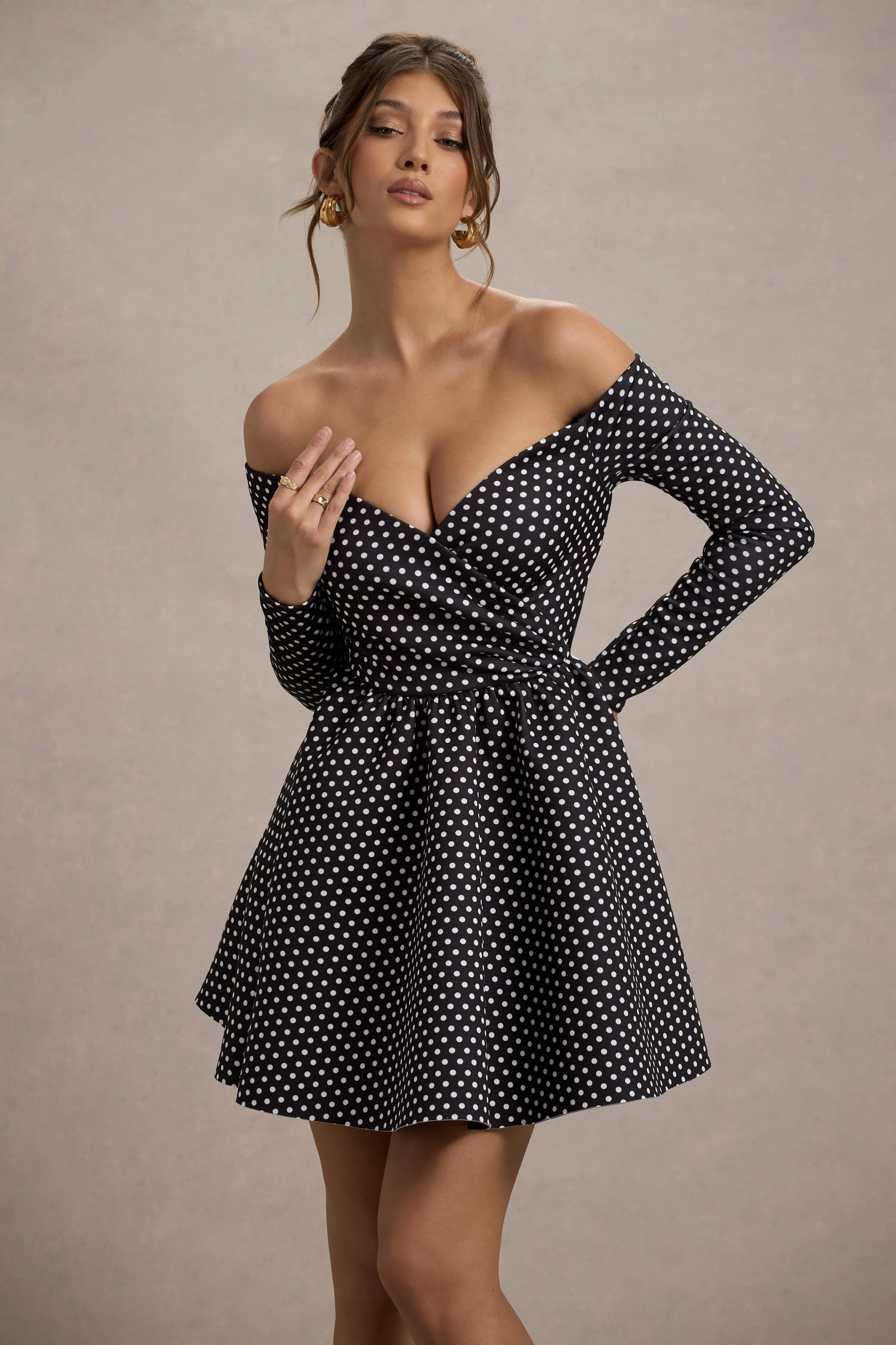 Riva | Black Polka Dot Bardot Long-Sleeve Mini Dress Club L London