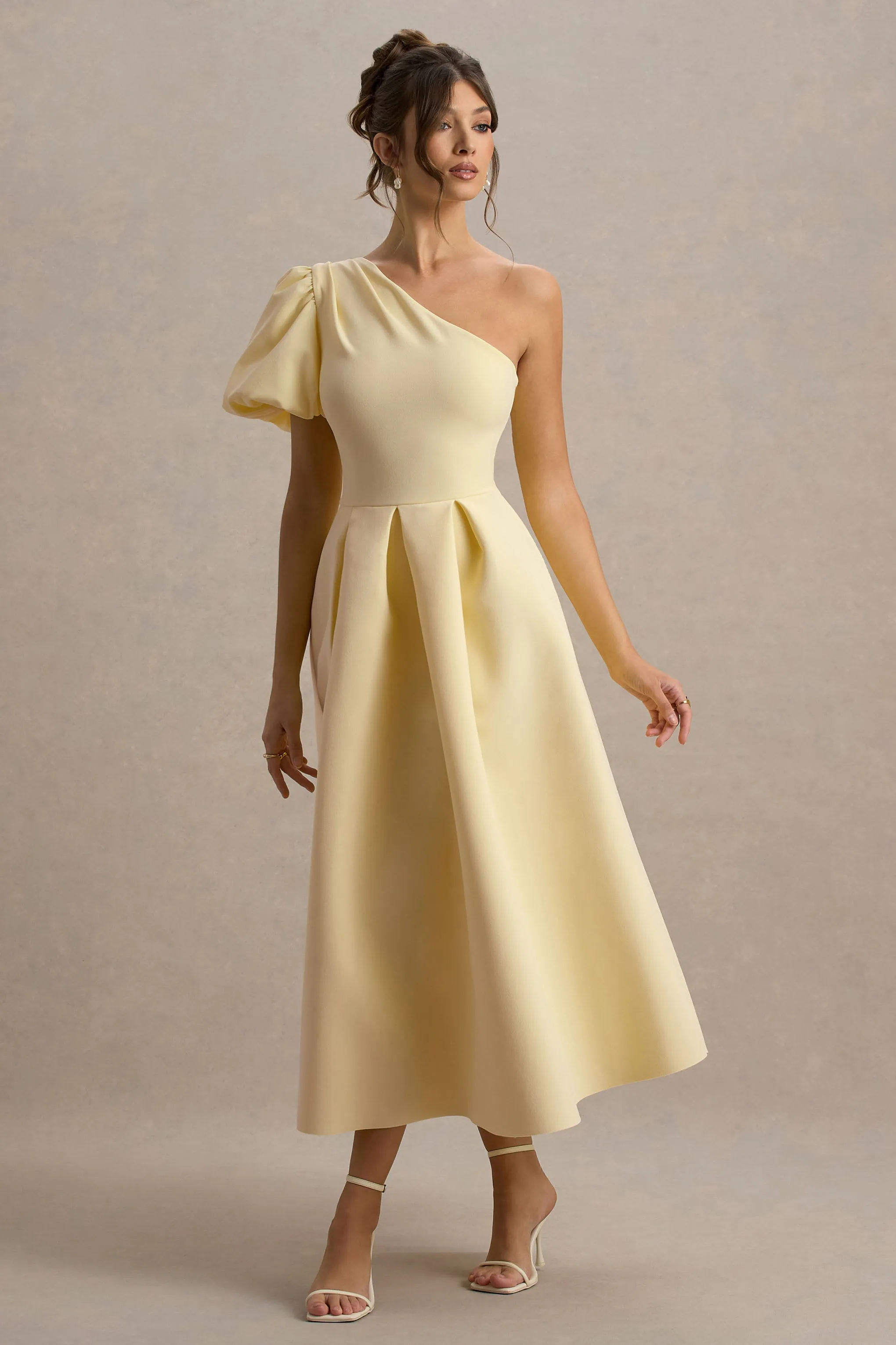 Rochelle | Pale Lemon Asymmetric Puff-Sleeve Midi Dress Club L London