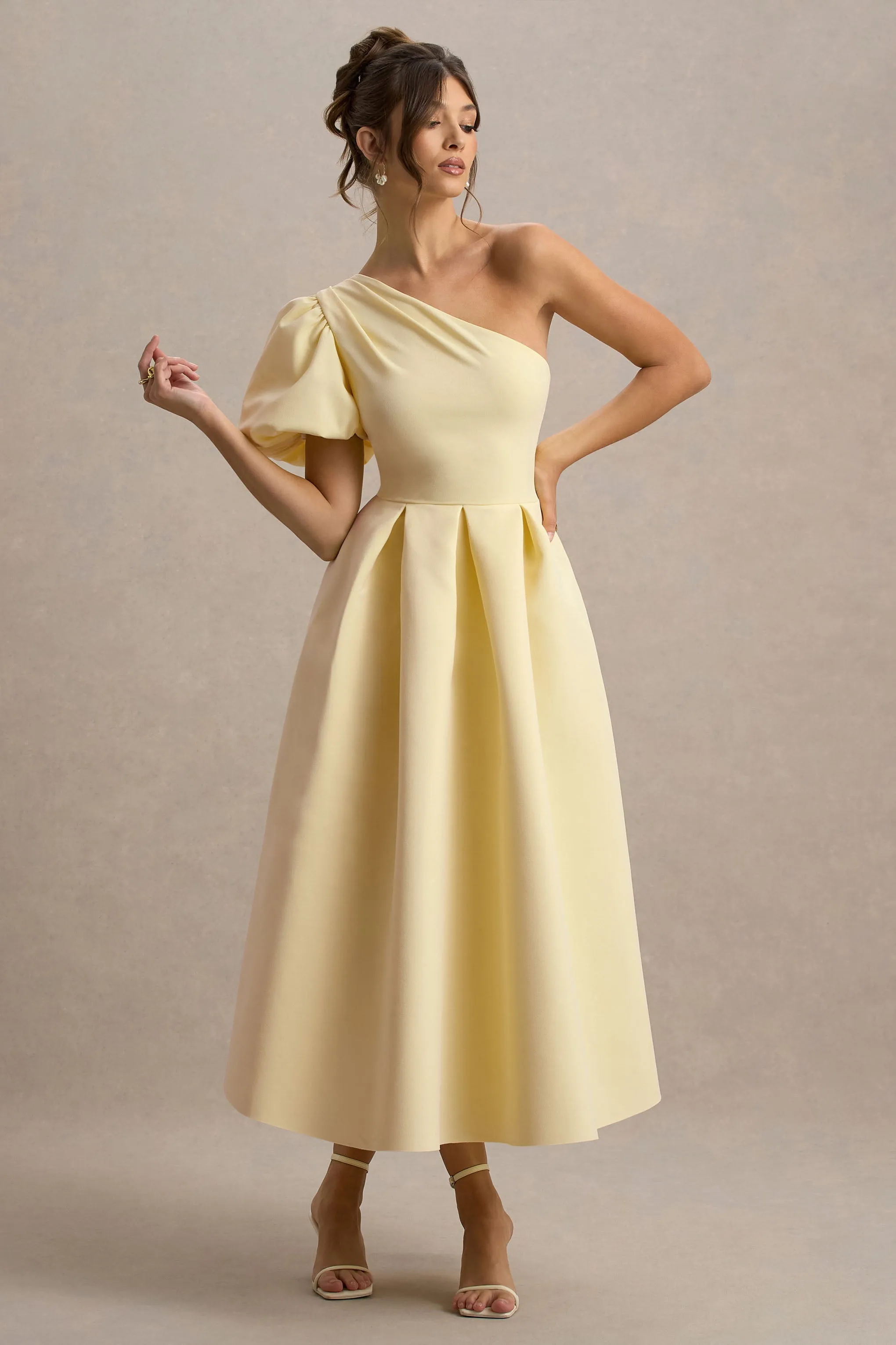Rochelle | Pale Lemon Asymmetric Puff-Sleeve Midi Dress Club L London