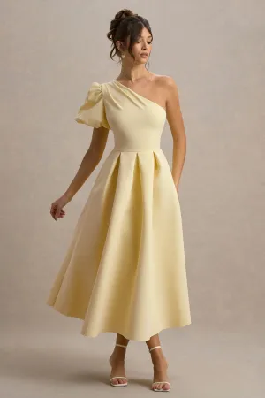 Rochelle | Pale Lemon Asymmetric Puff-Sleeve Midi Dress Club L London
