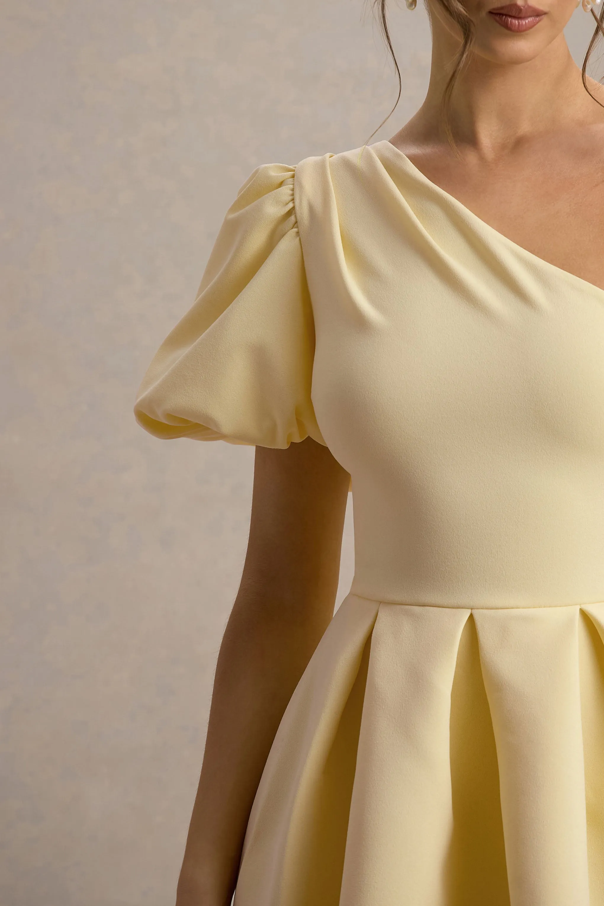 Rochelle | Pale Lemon Asymmetric Puff-Sleeve Midi Dress Club L London