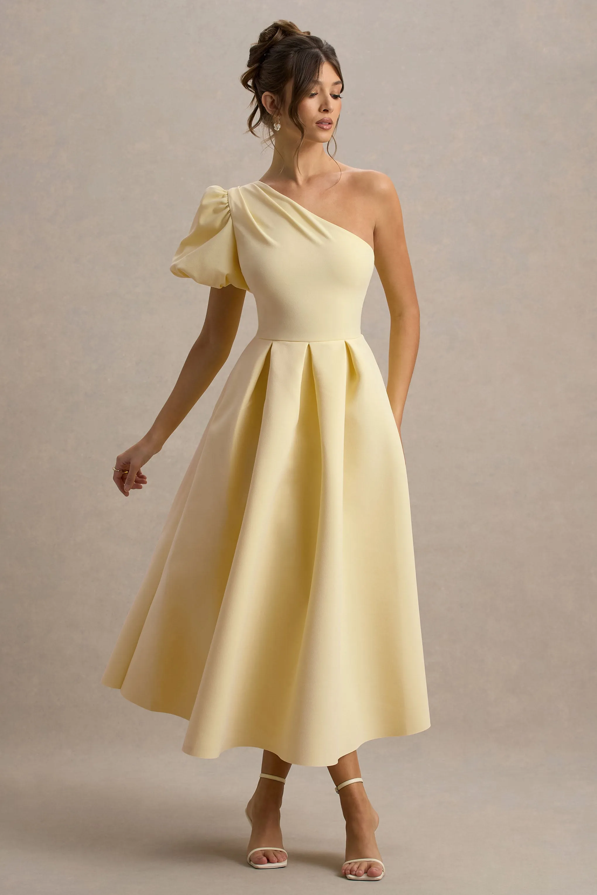 Rochelle | Pale Lemon Asymmetric Puff-Sleeve Midi Dress Club L London