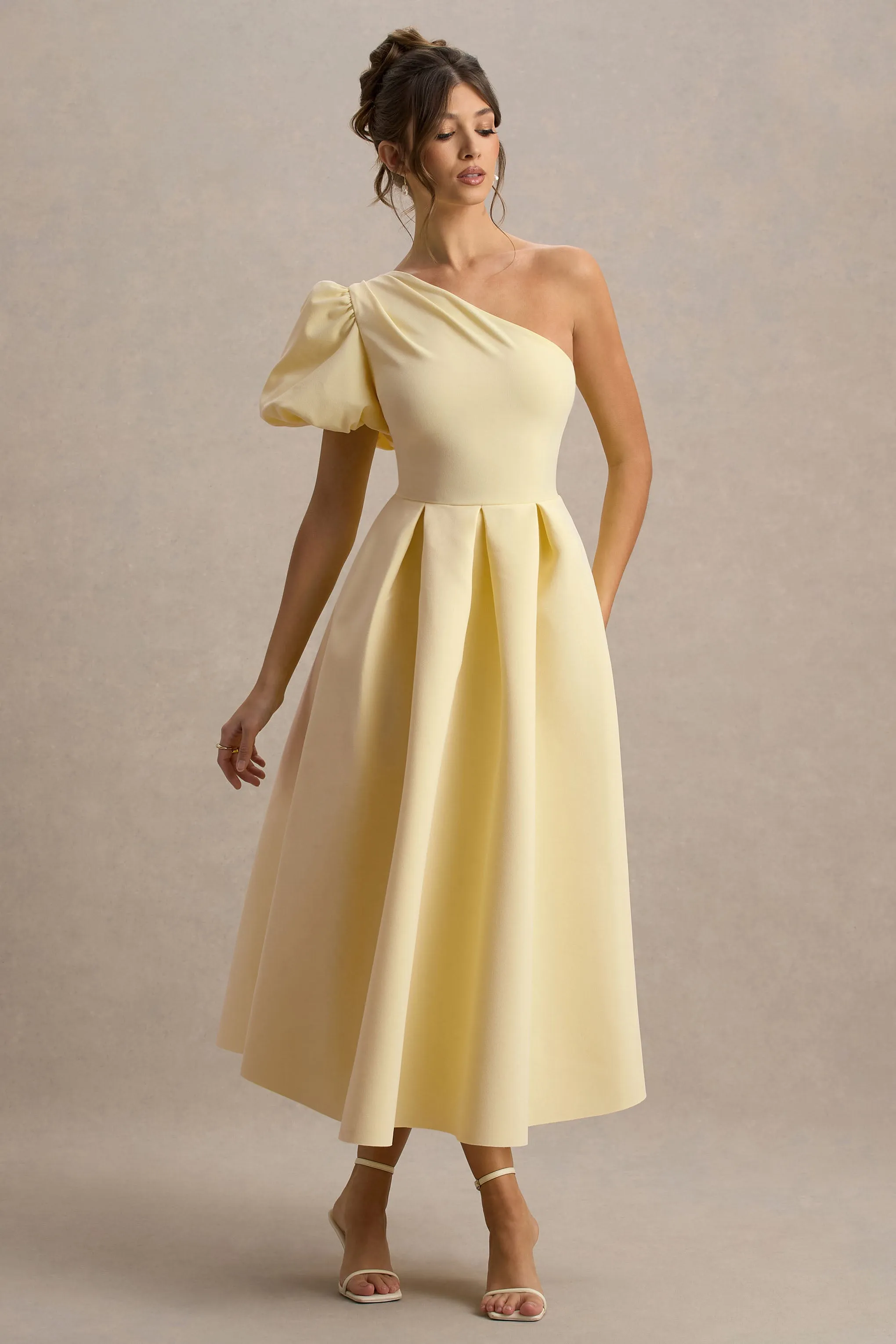 Rochelle | Pale Lemon Asymmetric Puff-Sleeve Midi Dress Club L London