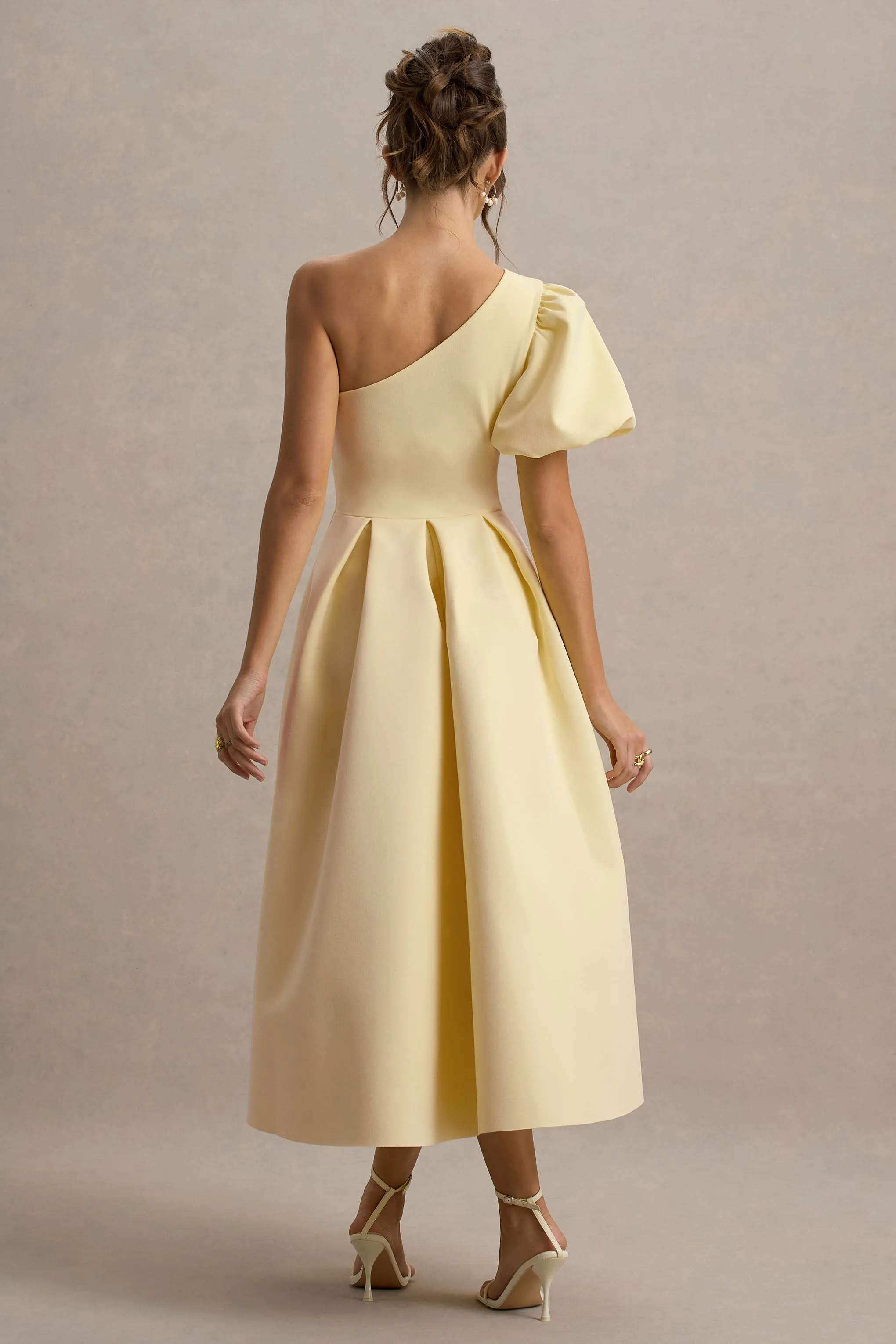 Rochelle | Pale Lemon Asymmetric Puff-Sleeve Midi Dress Club L London