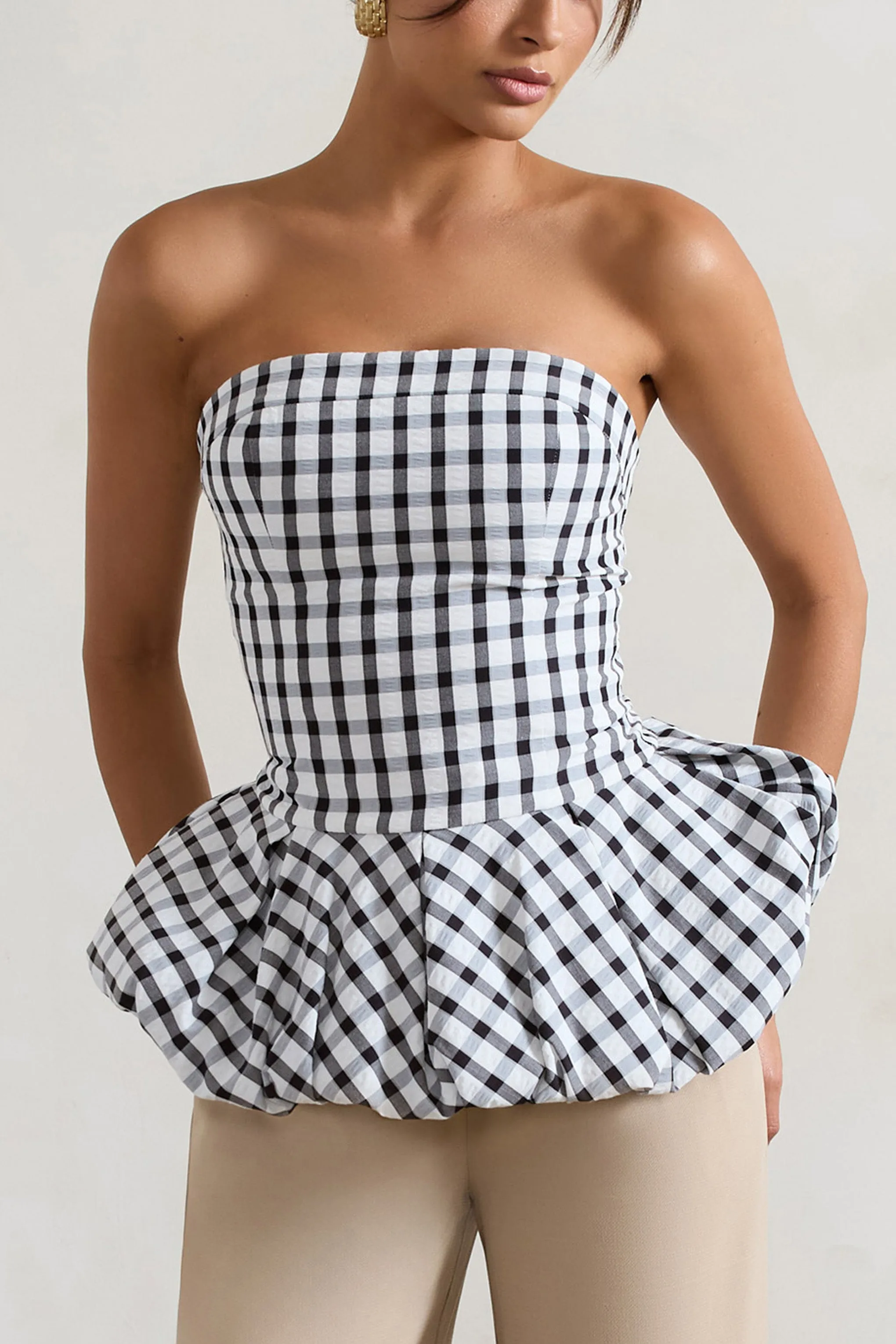 Roll With It | Black & White Gingham Bandeau Ruffle Top Club L London