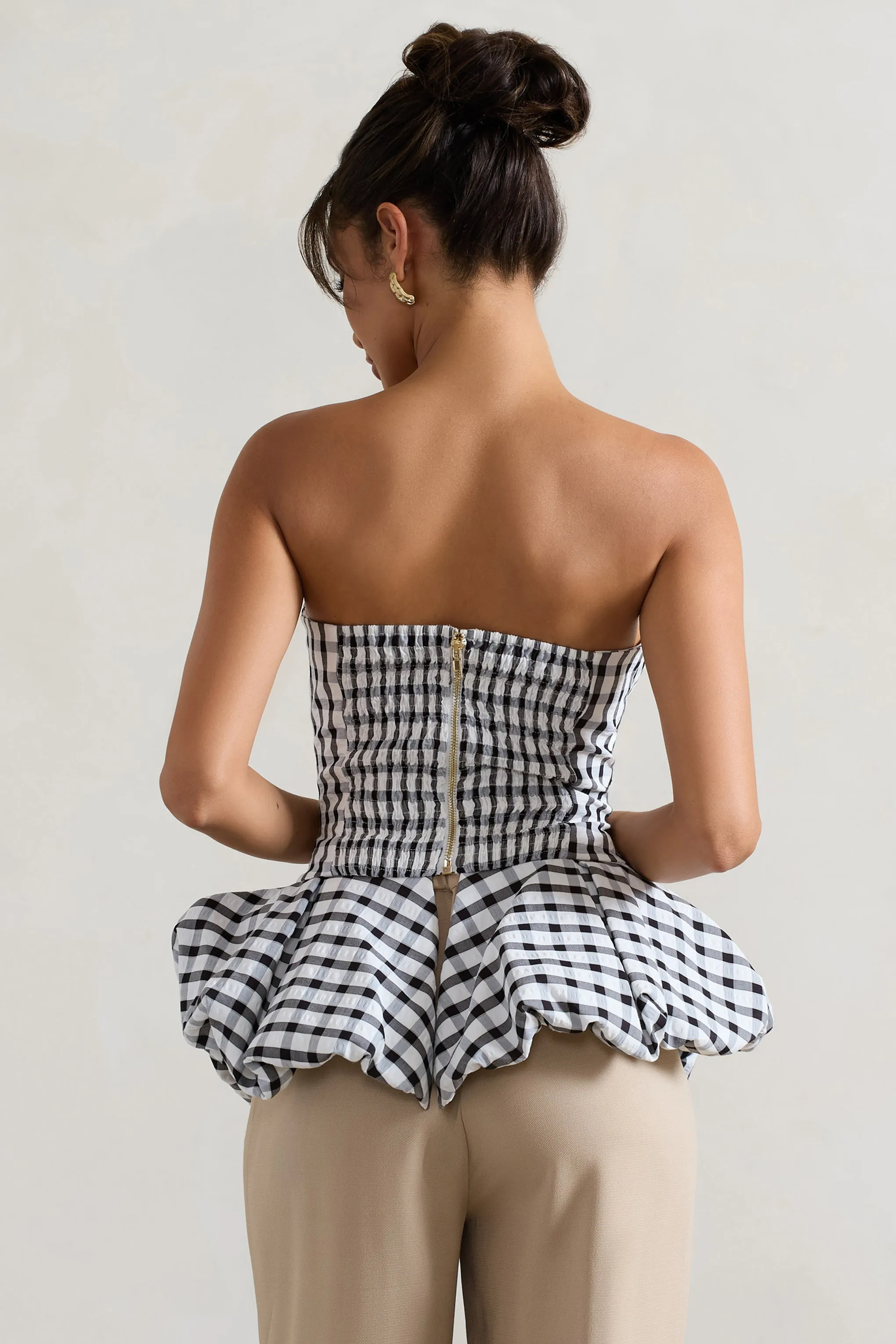 Roll With It | Black & White Gingham Bandeau Ruffle Top Club L London