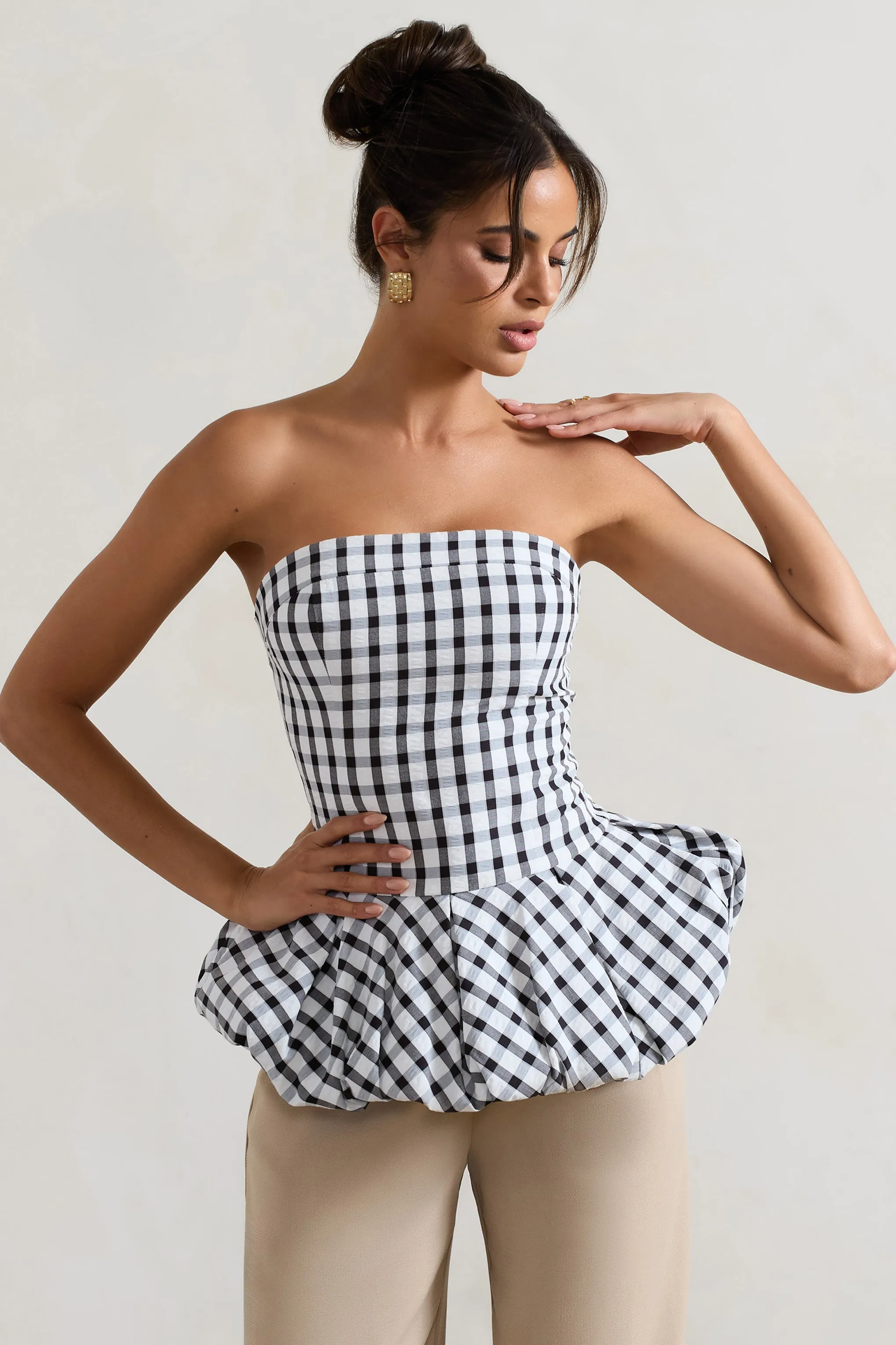 Roll With It | Black & White Gingham Bandeau Ruffle Top Club L London
