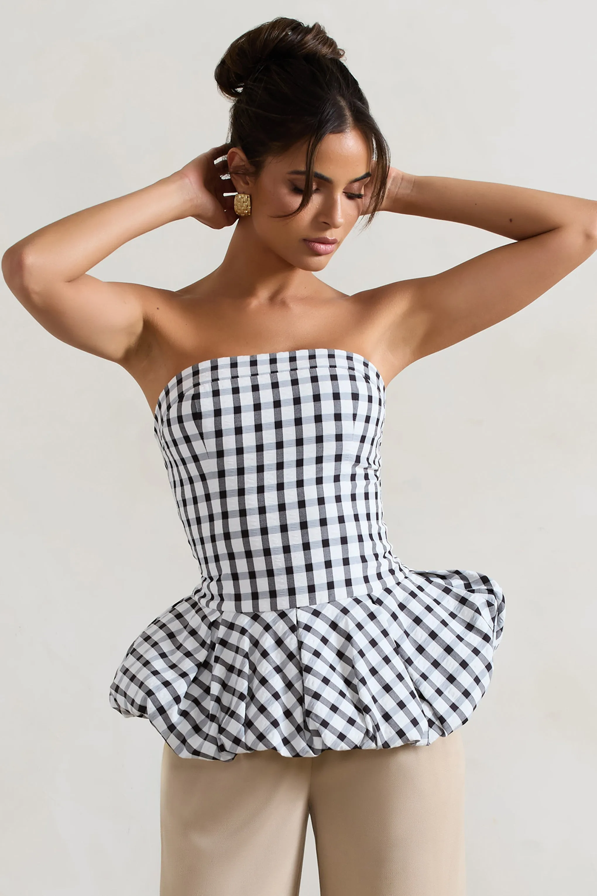 Roll With It | Black & White Gingham Bandeau Ruffle Top Club L London