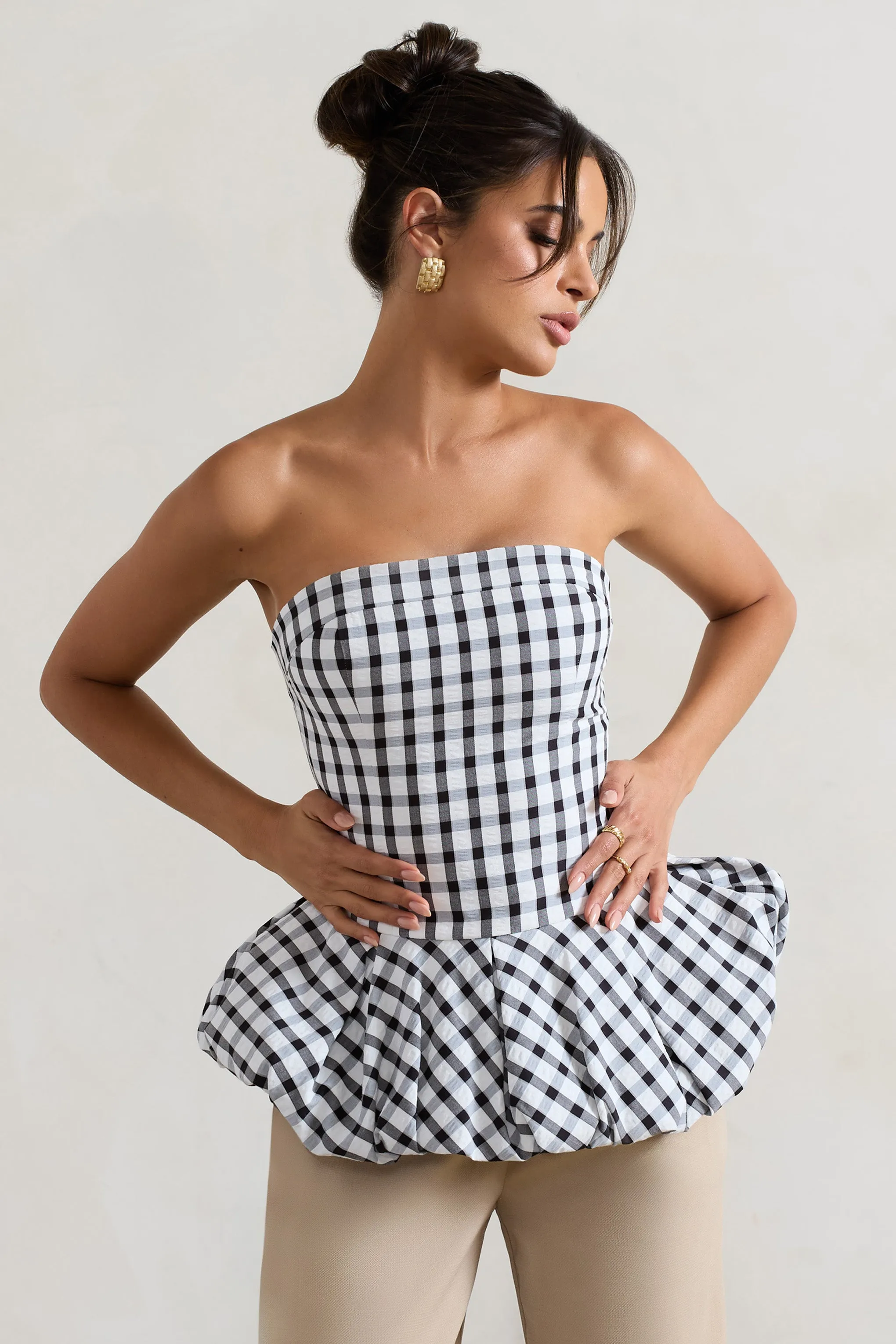 Roll With It | Black & White Gingham Bandeau Ruffle Top Club L London