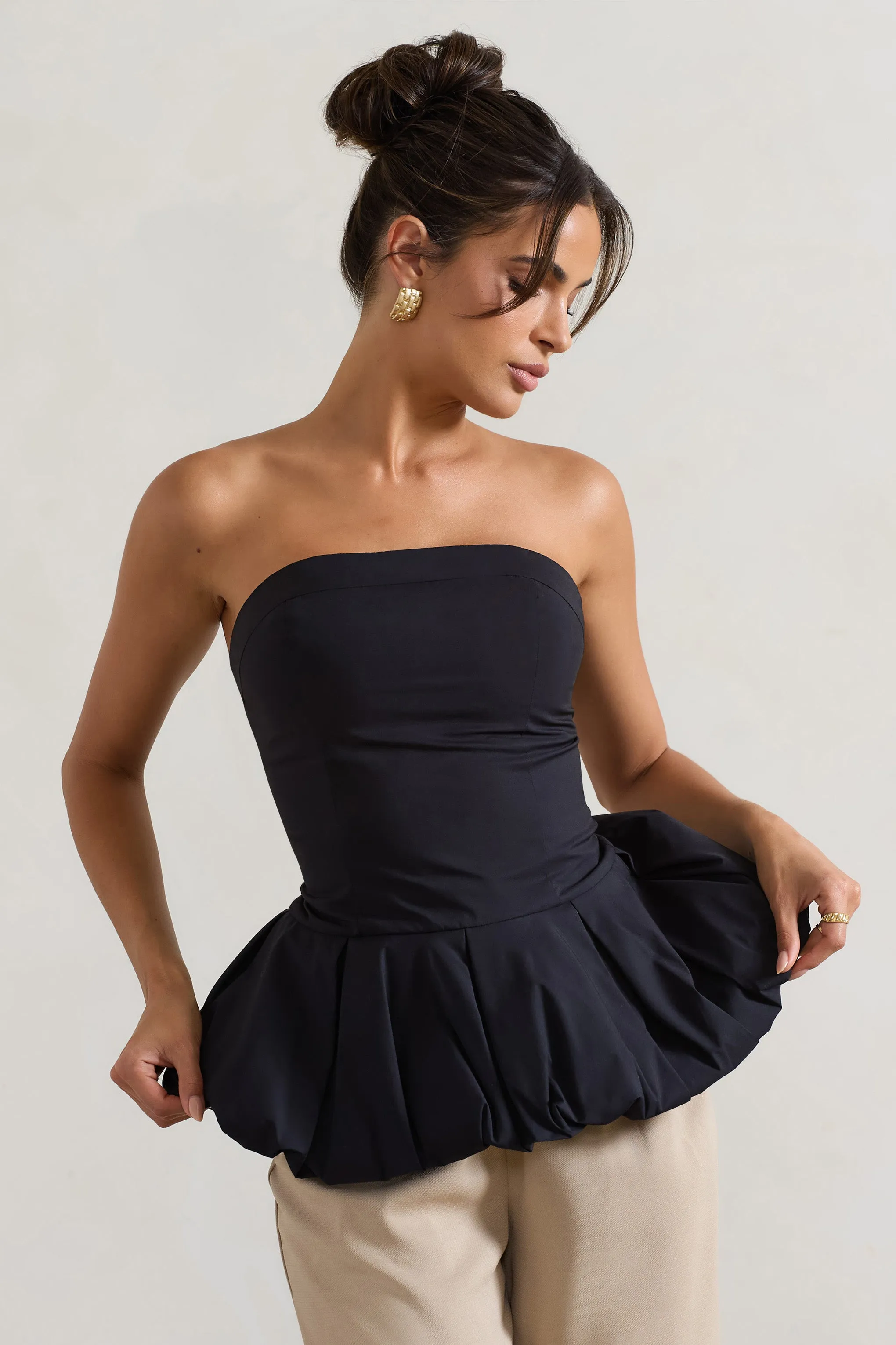 Roll With It | Black Bandeau Ruffle Top Club L London