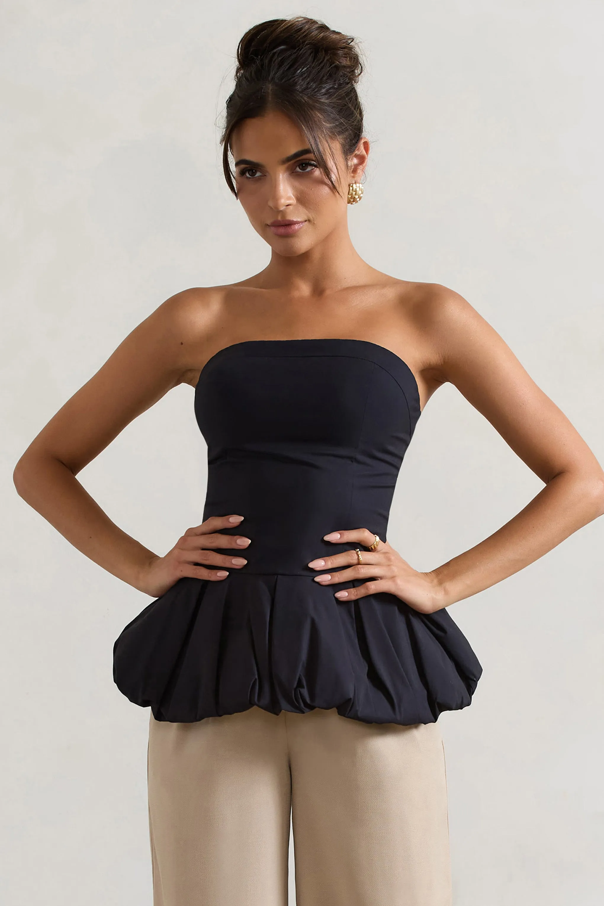 Roll With It | Black Bandeau Ruffle Top Club L London