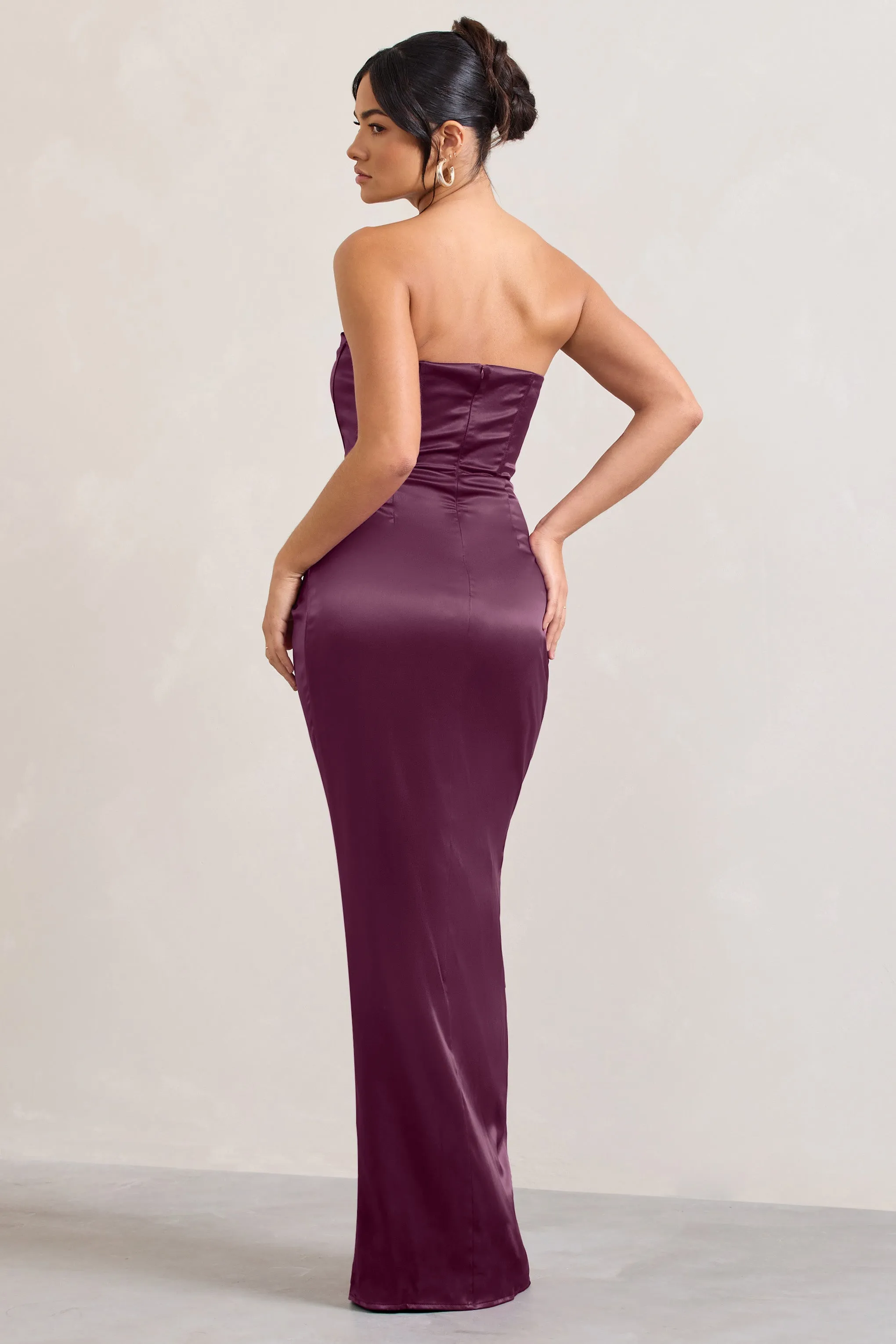 Romancing | Burgundy Thigh Split Corset Strapless Maxi Dress Club L London