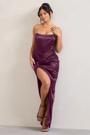 Romancing | Burgundy Thigh Split Corset Strapless Maxi Dress Club L London