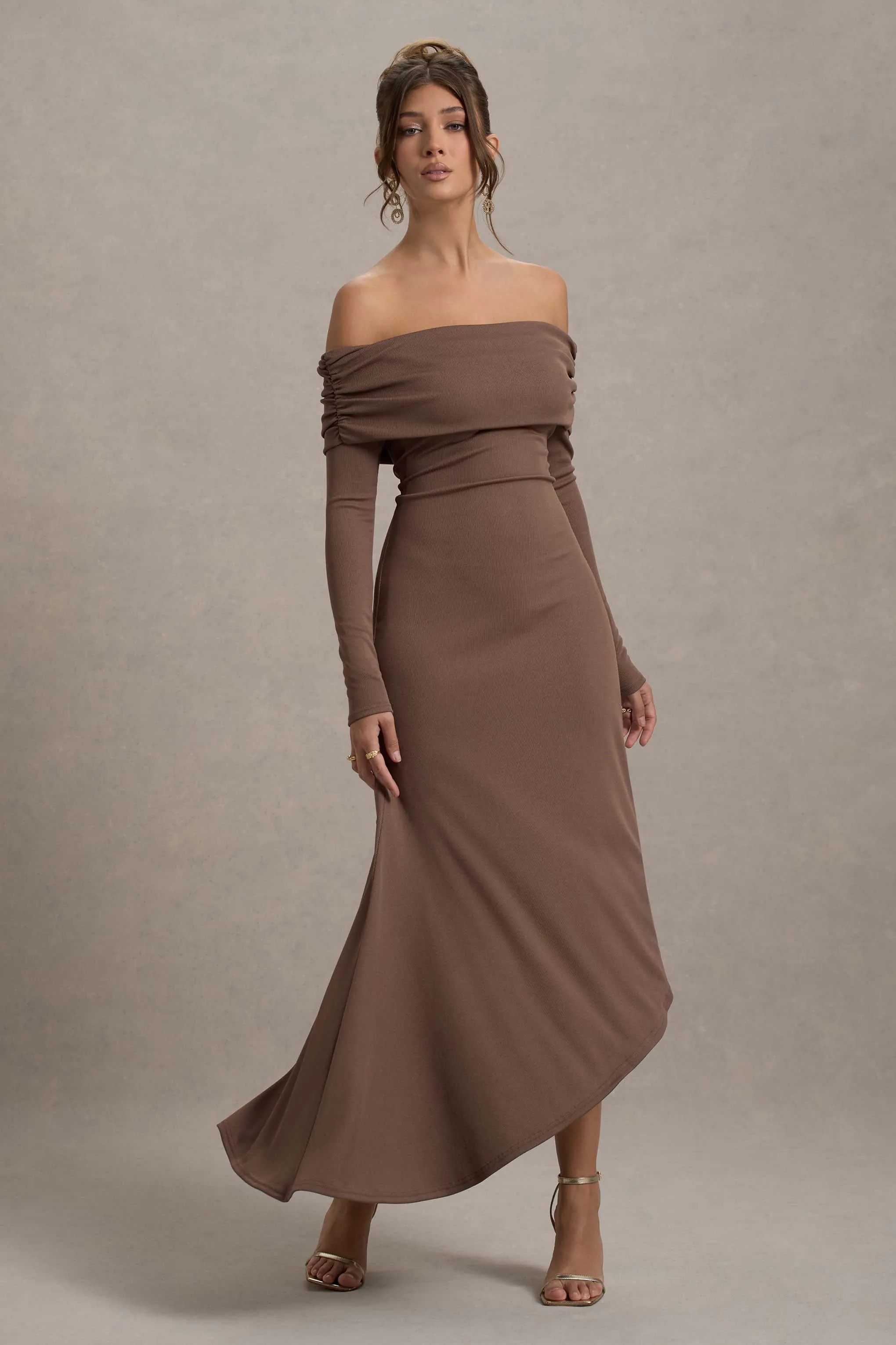 Romina | Mocha Rib Knit Bardot Maxi Dress With Asymmetric Hem Club L London
