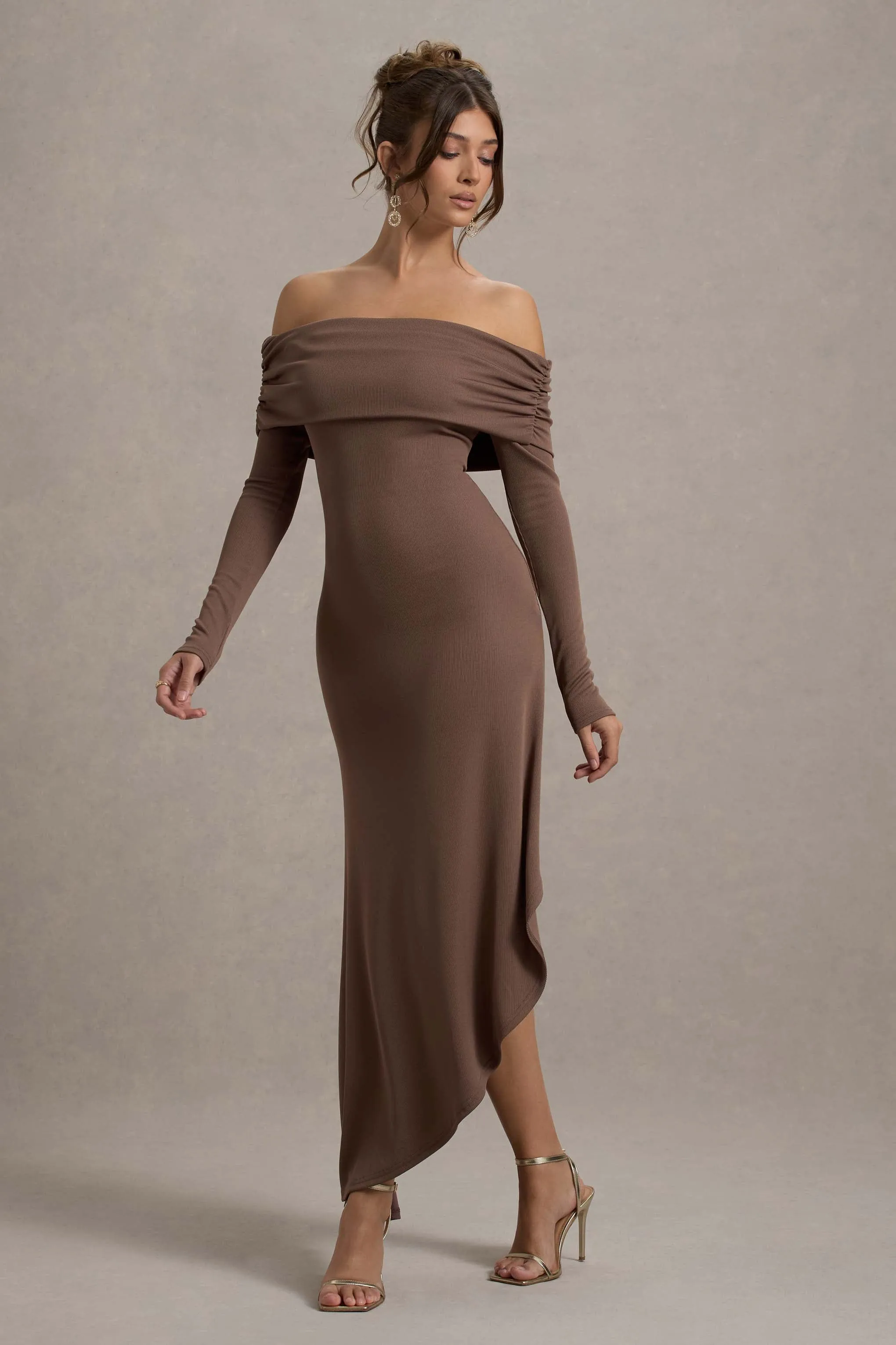 Romina | Mocha Rib Knit Bardot Maxi Dress With Asymmetric Hem Club L London