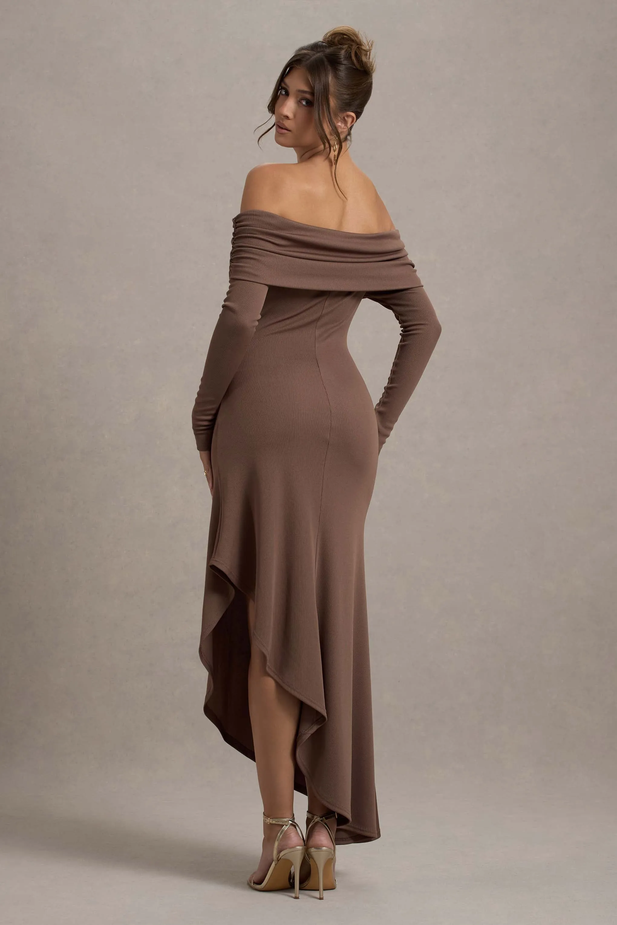 Romina | Mocha Rib Knit Bardot Maxi Dress With Asymmetric Hem Club L London