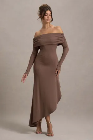 Romina | Mocha Rib Knit Bardot Maxi Dress With Asymmetric Hem Club L London