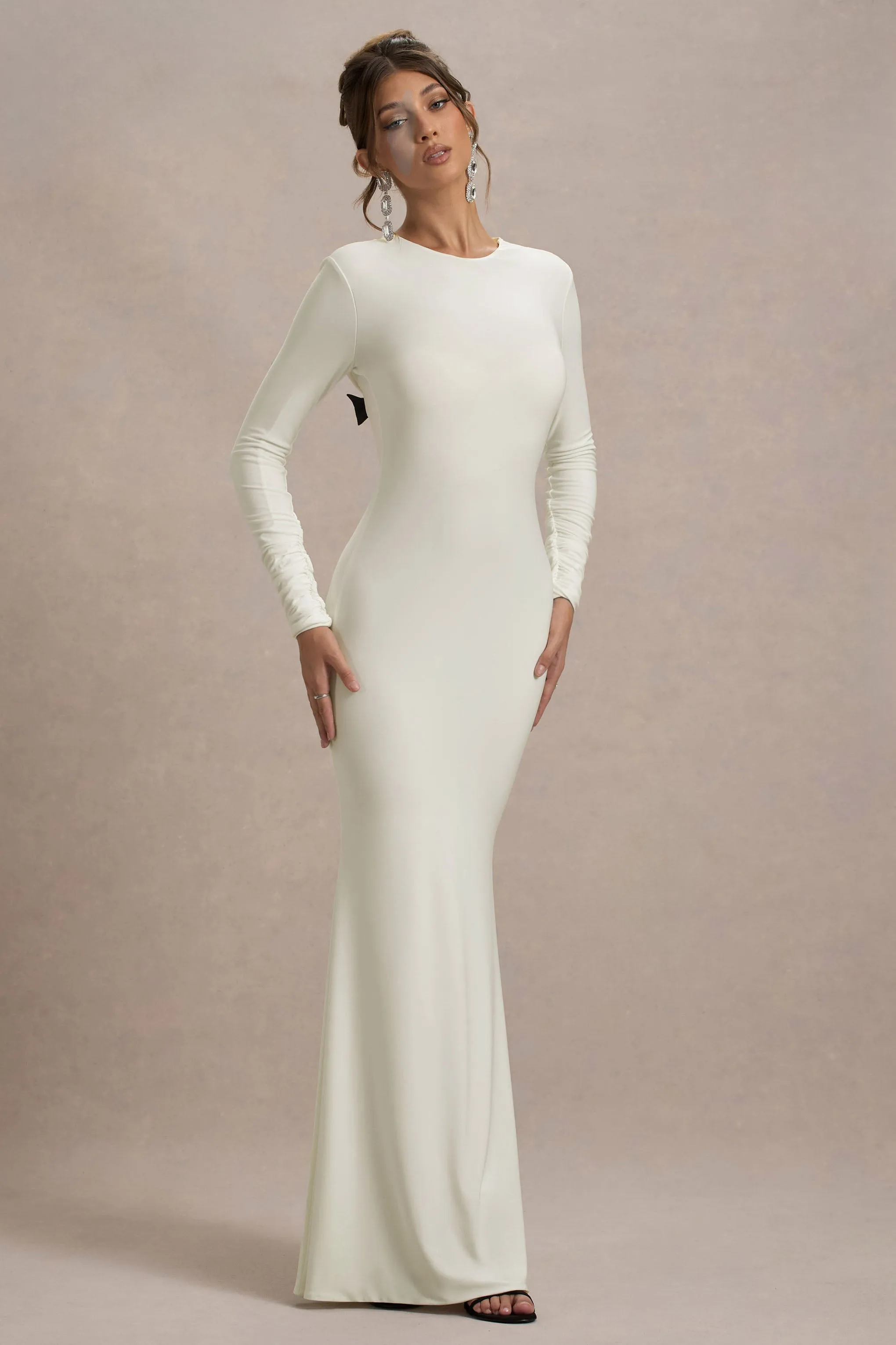 Rosalee | Cream Long-Sleeve Cowl-Back Maxi Dress With Bows Club L London