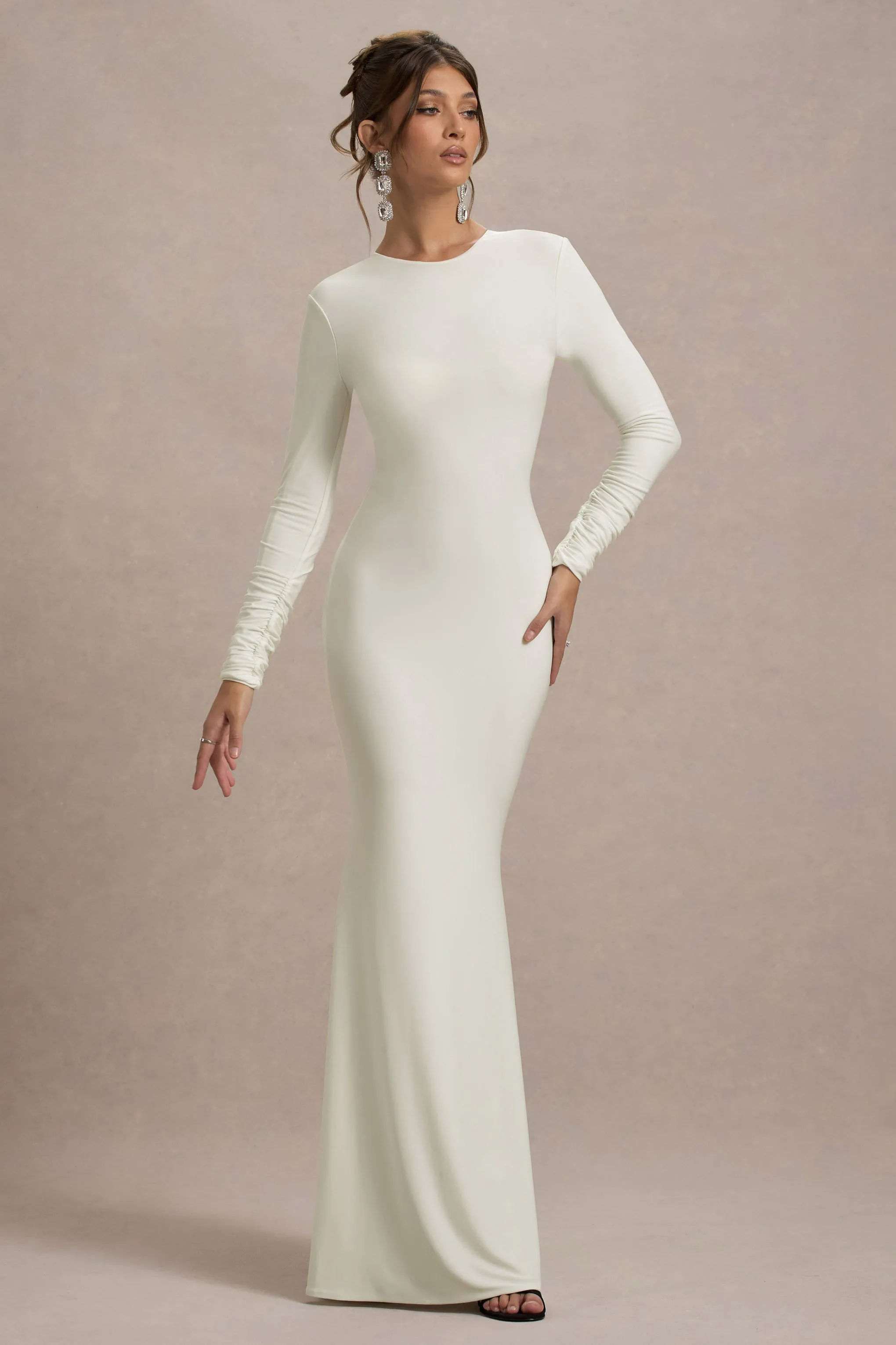 Rosalee | Cream Long-Sleeve Cowl-Back Maxi Dress With Bows Club L London