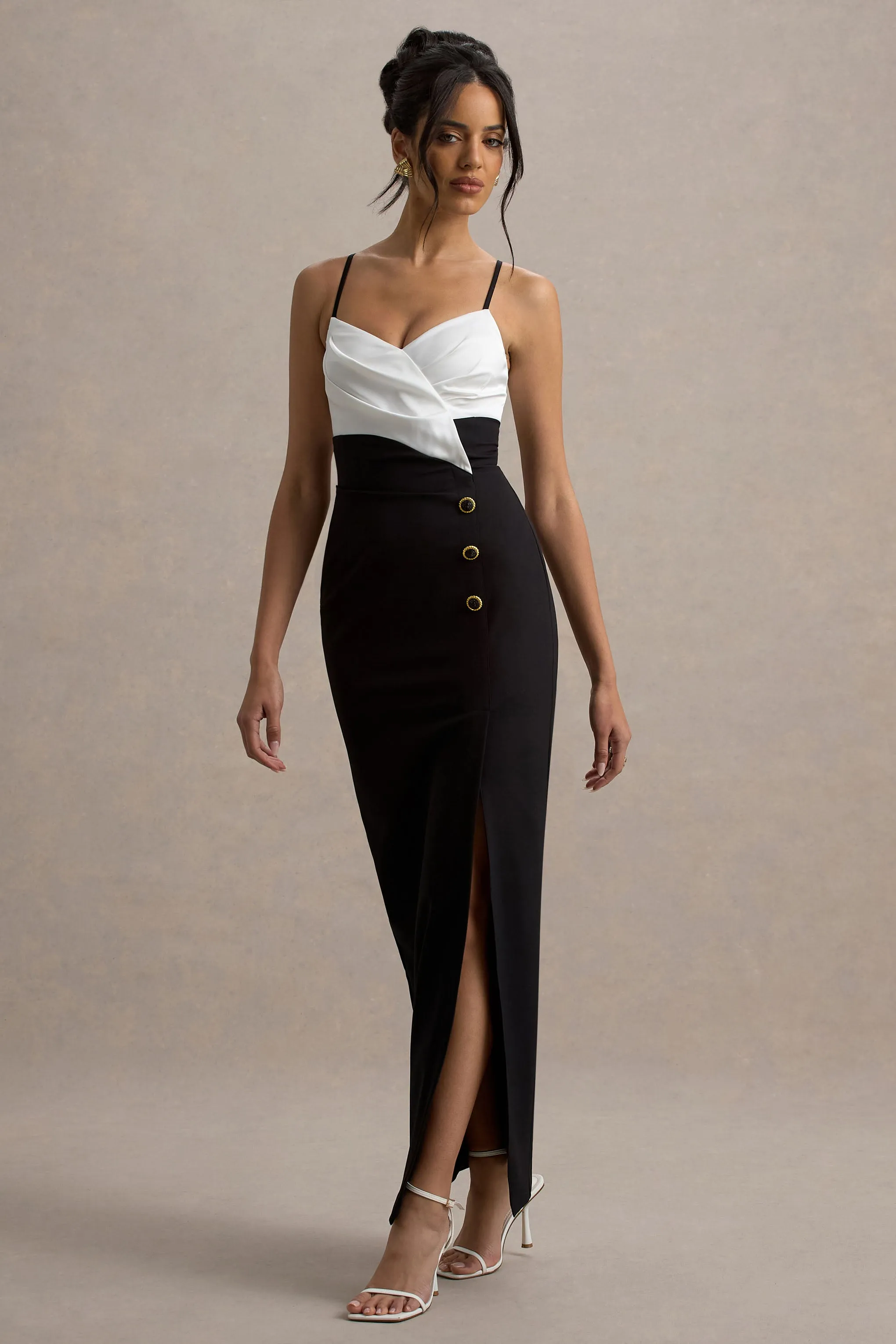 Rosalind | Black & White Strappy Tailored Maxi Dress With Split Club L London
