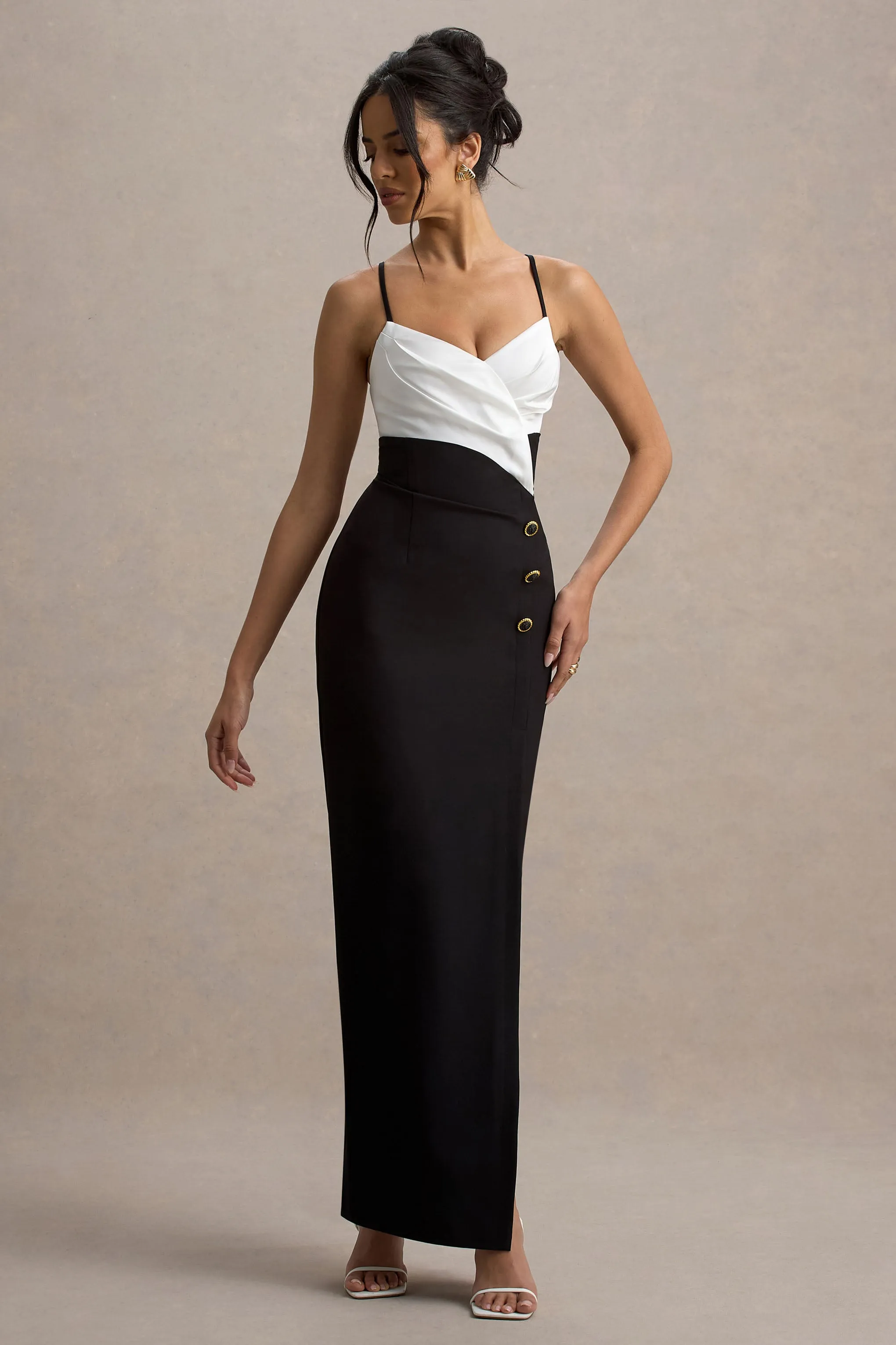 Rosalind | Black & White Strappy Tailored Maxi Dress With Split Club L London