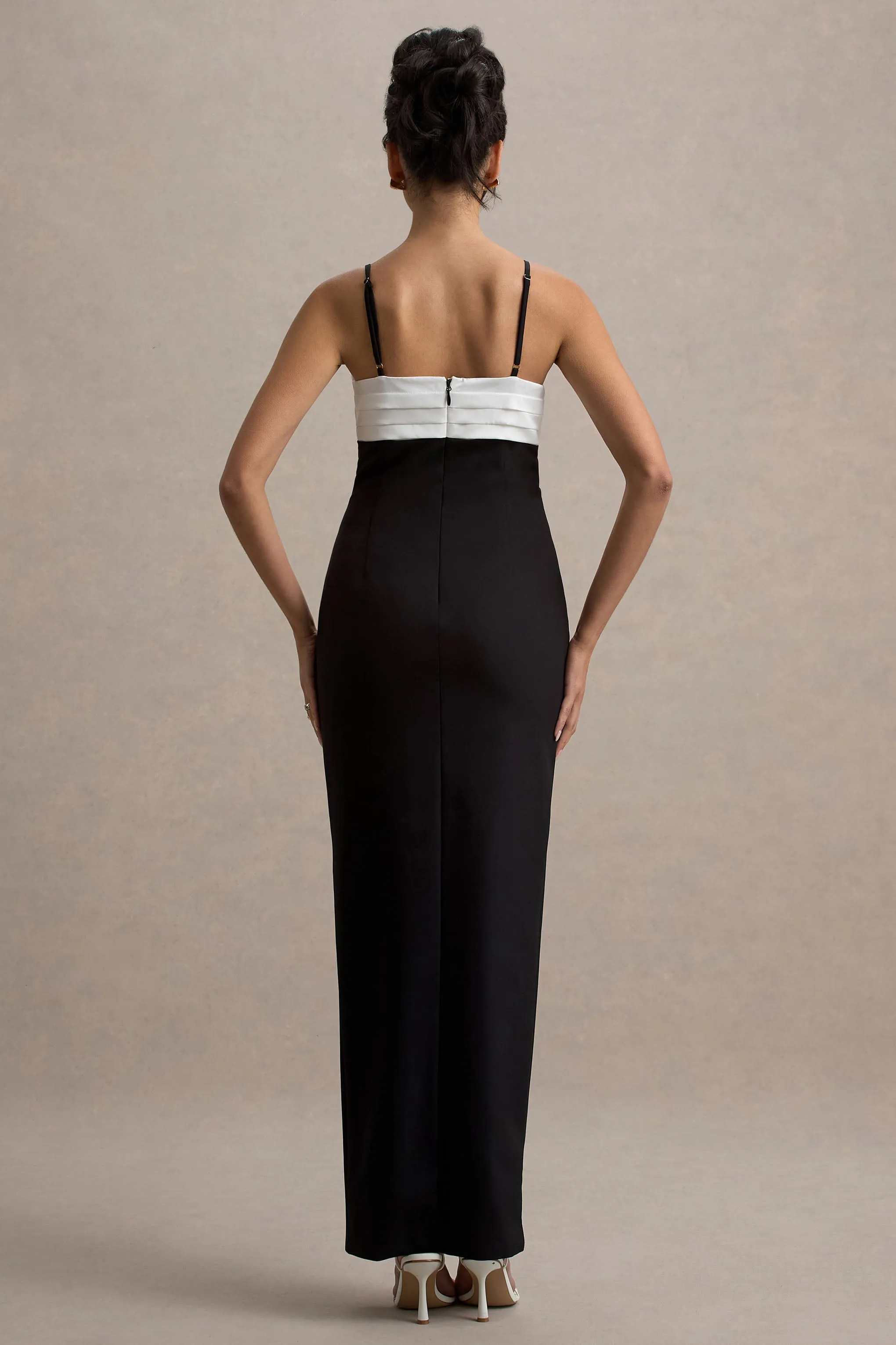 Rosalind | Black & White Strappy Tailored Maxi Dress With Split Club L London