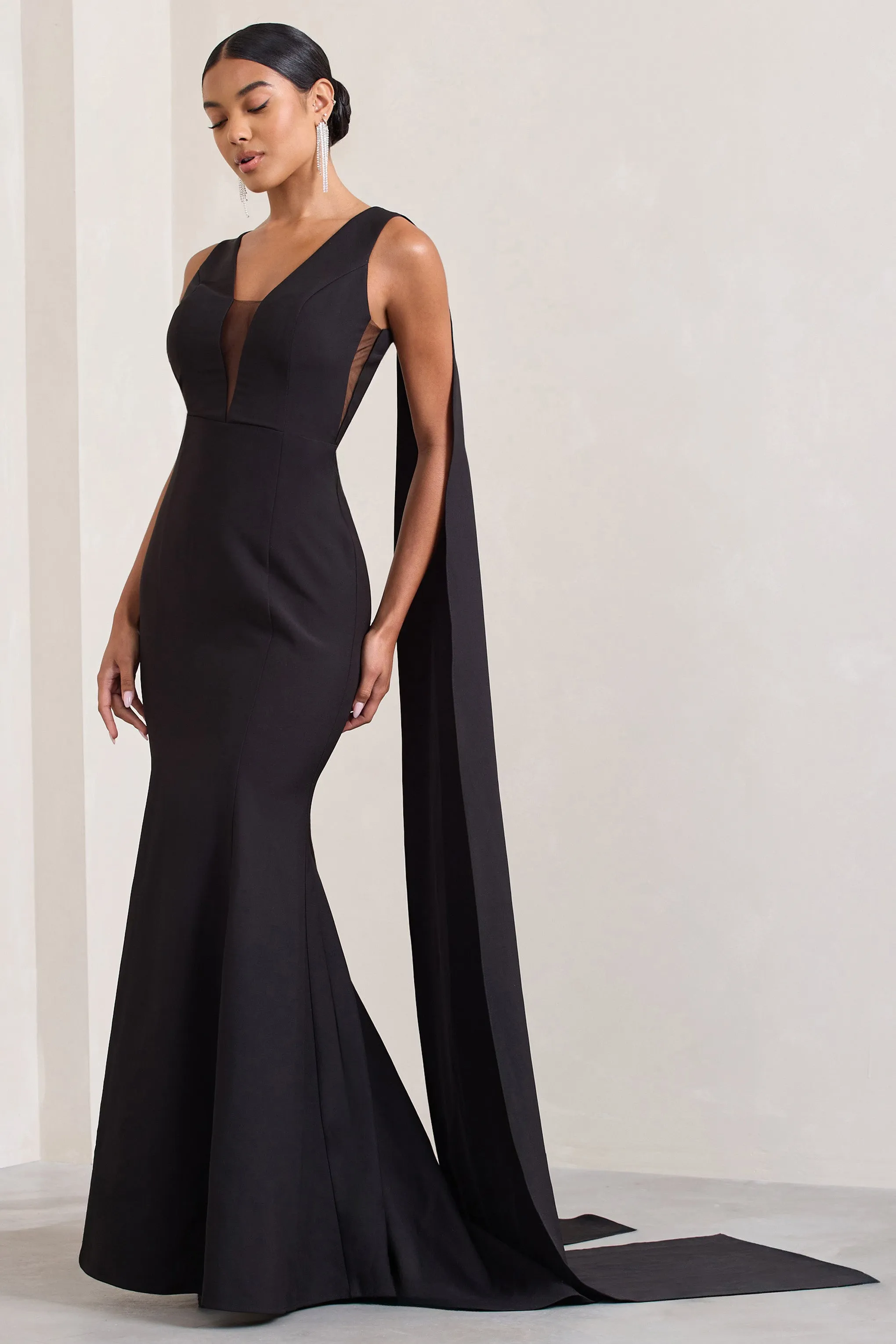 Rosaline | Black Plunging Fishtail Maxi Dress With Cape Club L London
